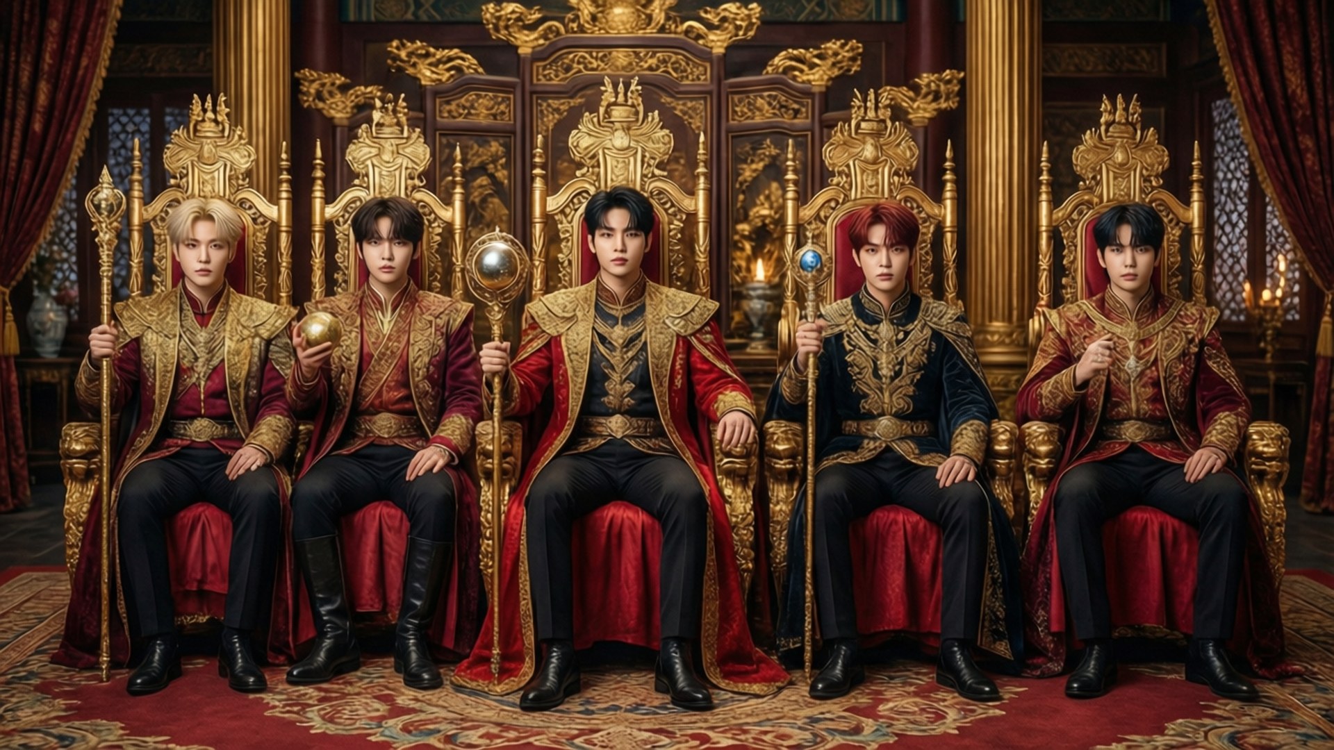 EXO 皇室宮廷 壁紙 — 五位威嚴的男子身穿華麗的紅金色皇家服飾，莊嚴地坐在豪華王座廳的金色王座上。