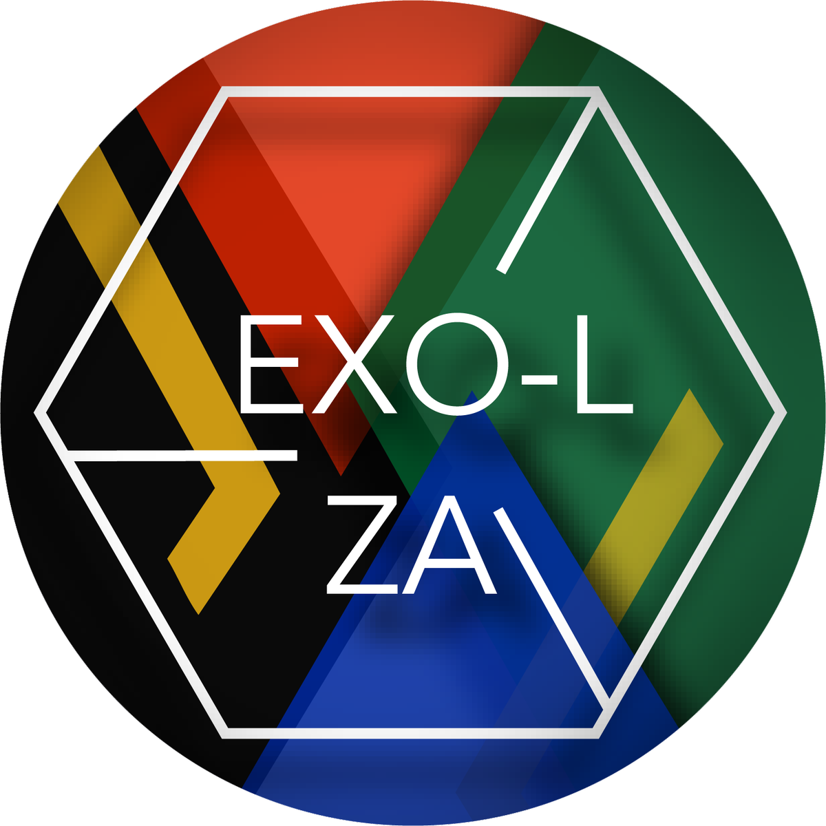 EXO-L粉絲標誌設計 壁紙 — 一個充滿活力的幾何標誌，六邊形分為紅色、綠色、藍色和黑色部分，並帶有白色文字 EXO-L ZA。