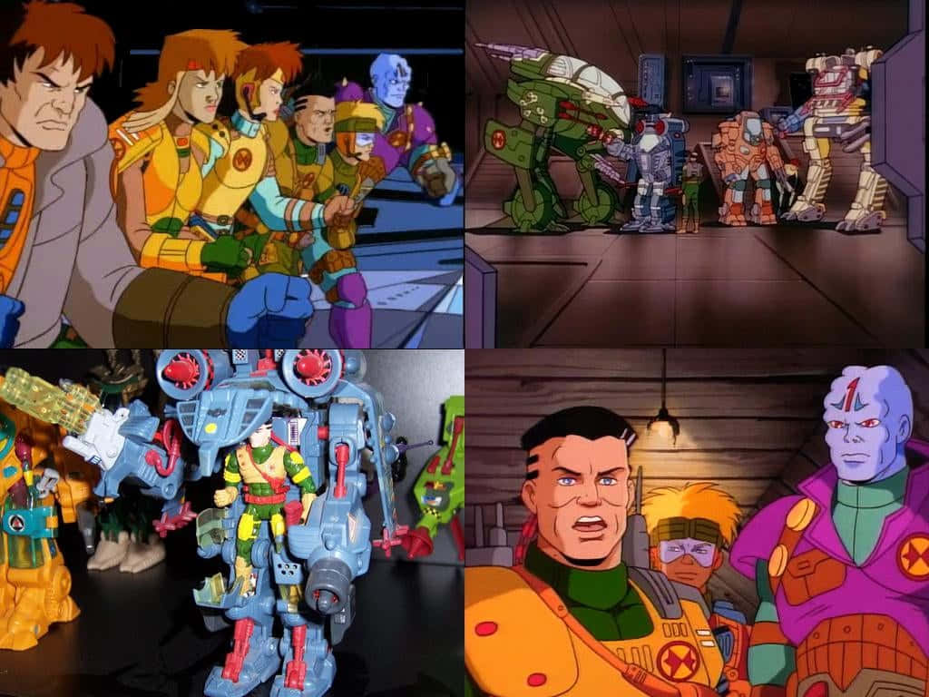 來自1990年代動畫科幻系列的四個場景，包含角色和機械人玩具。