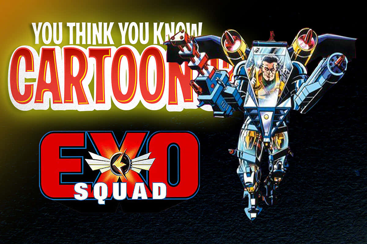 Exo Squad 動畫海報， featuring 駕駛員在藍金色機甲中，搭配大膽的紅色文字。