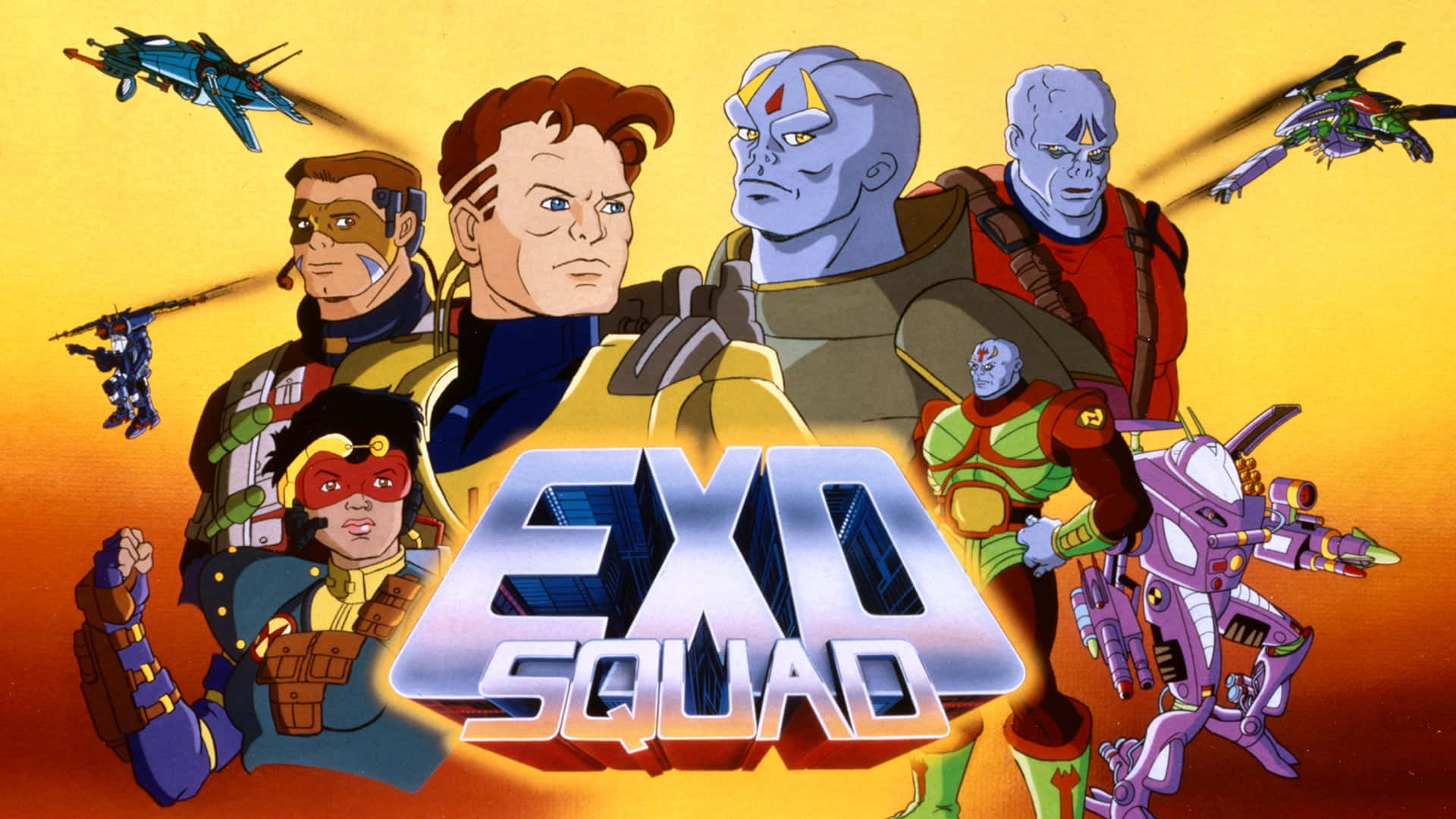 Exo Squad 動畫團隊與機甲在橙色天空下擺出動感姿勢。