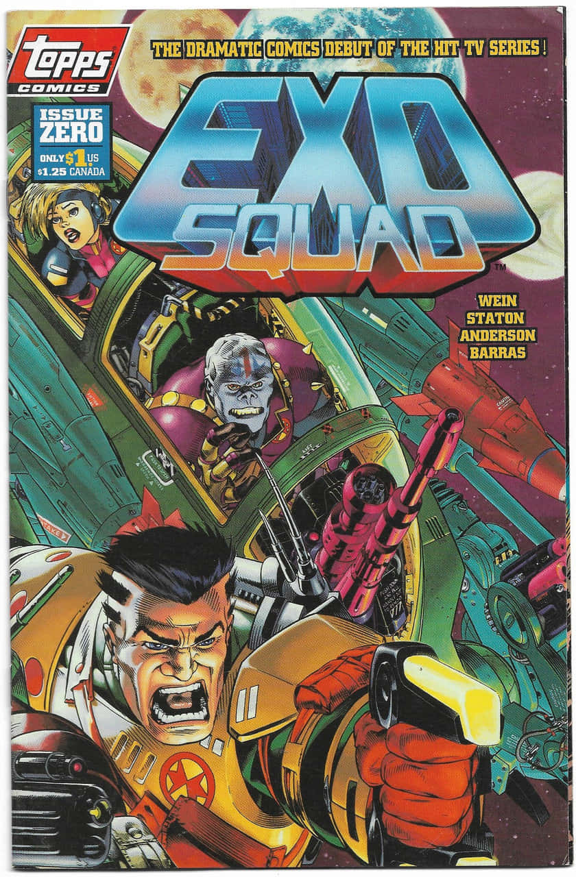 Exo Squad 的漫畫書封面，顯示飛行員在太空船中與外星敵人在太空中對抗。
