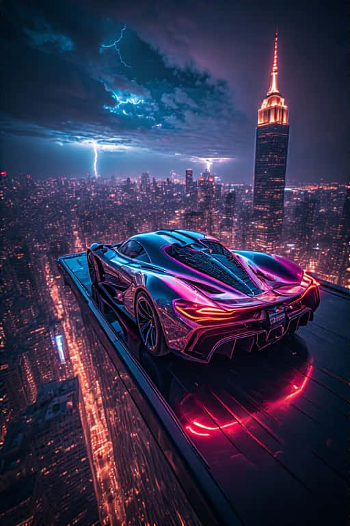 Exotic Hyper car on Neon City Rooftop Dramatic 4K 壁紙 — 一輛未來主義的跑車在摩天大樓邊緣閃爍著霓虹燈光，俯瞰著雷電交加的暴風雨城市。