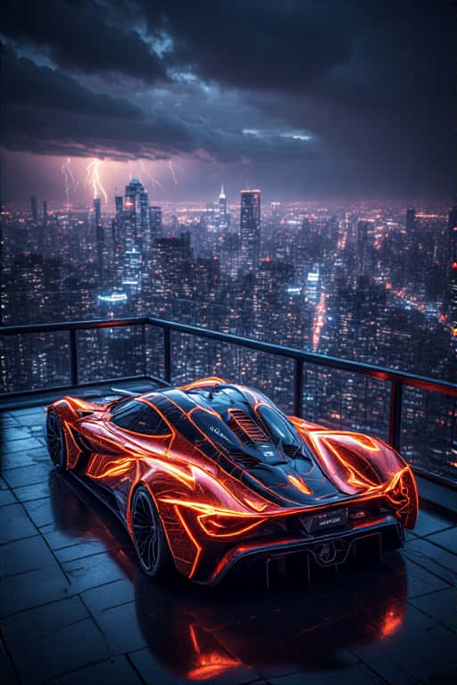 Exotic Hyper car on Neon City Rooftop Dramatic 4K 壁紙 — 一輛發光的橙色跑車停在屋頂上，俯瞰著夜間霓虹城市景觀上的雷暴。