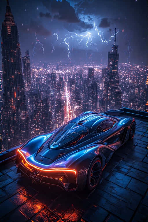 時尚的藍色跑車帶有發光的橙色燈光，在屋頂上俯瞰著夜晚暴風雨的霓虹城市。