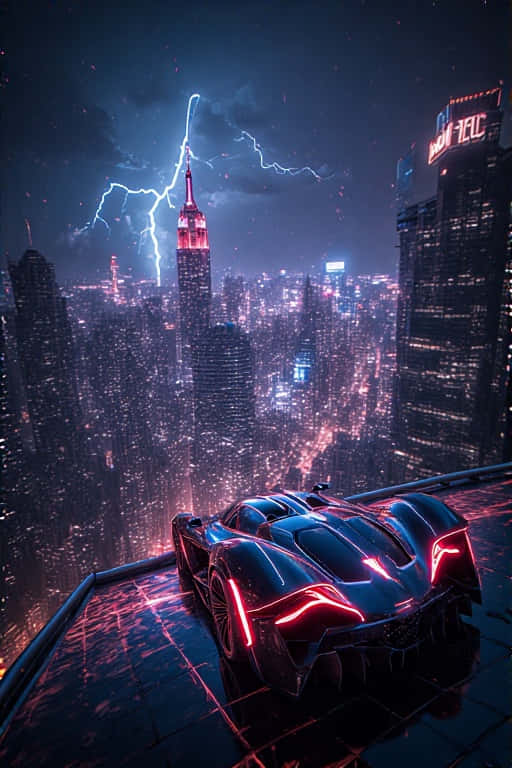 黑色跑車帶紅色燈光在天台上俯瞰暴風雨中的霓虹城市夜景