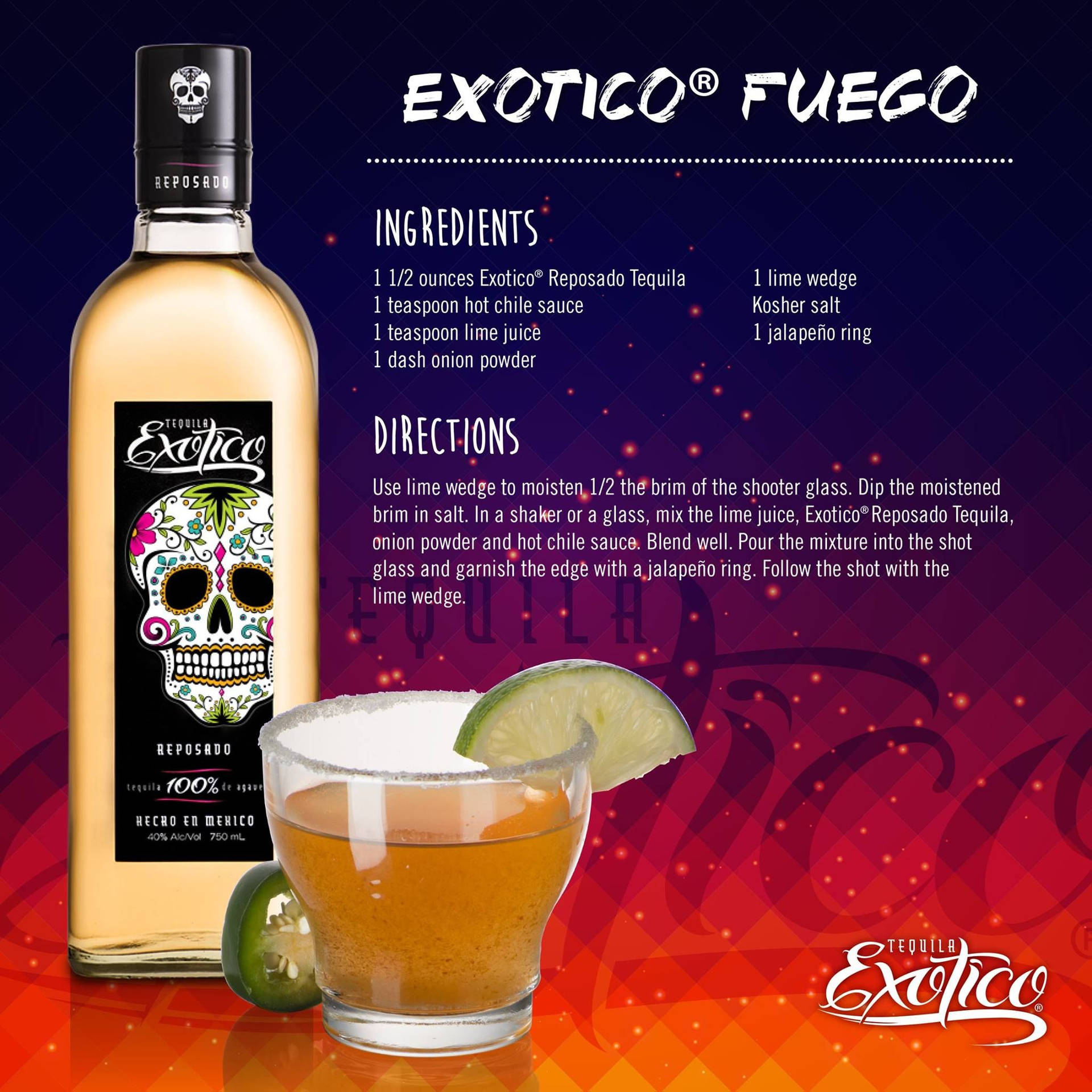 Exotico Fuego 龍舌蘭酒瓶和辣味烈酒食譜，配以青檸和墨西哥辣椒裝飾。