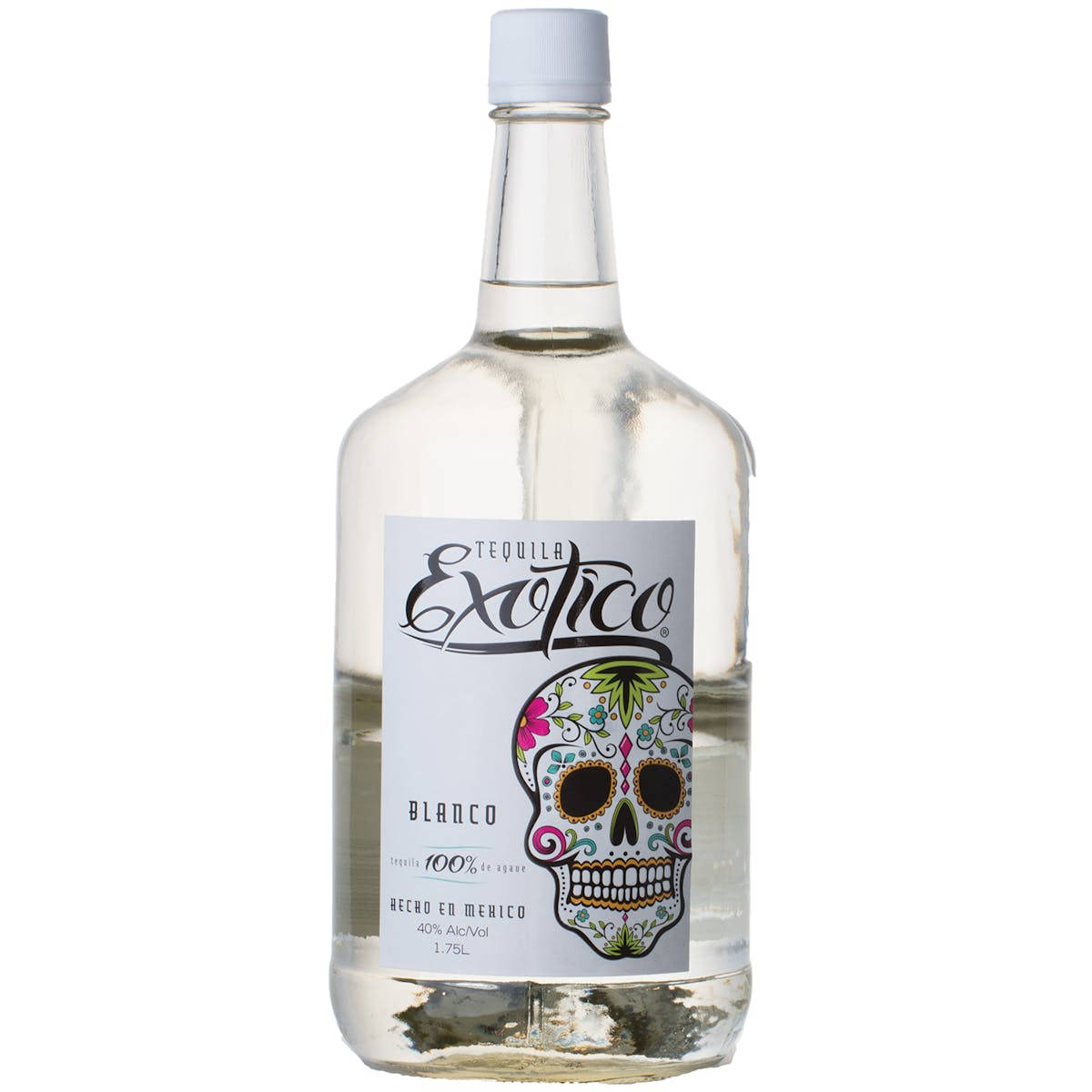 一瓶 Exotico Blanco 龍舌蘭酒，標籤上有糖骷髏設計。