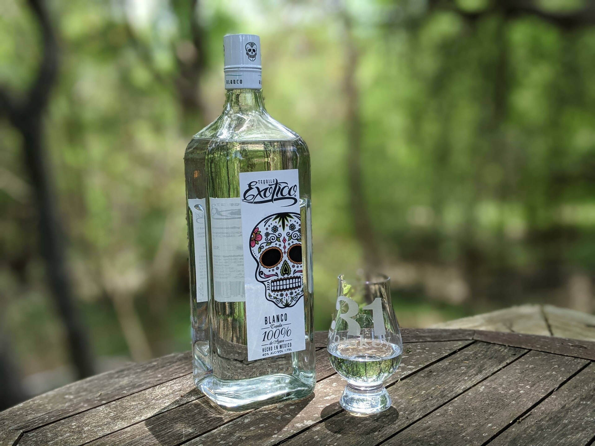 帶有糖骷髏標籤的龍舌蘭酒瓶和玻璃杯，放在森林中的木桌上。