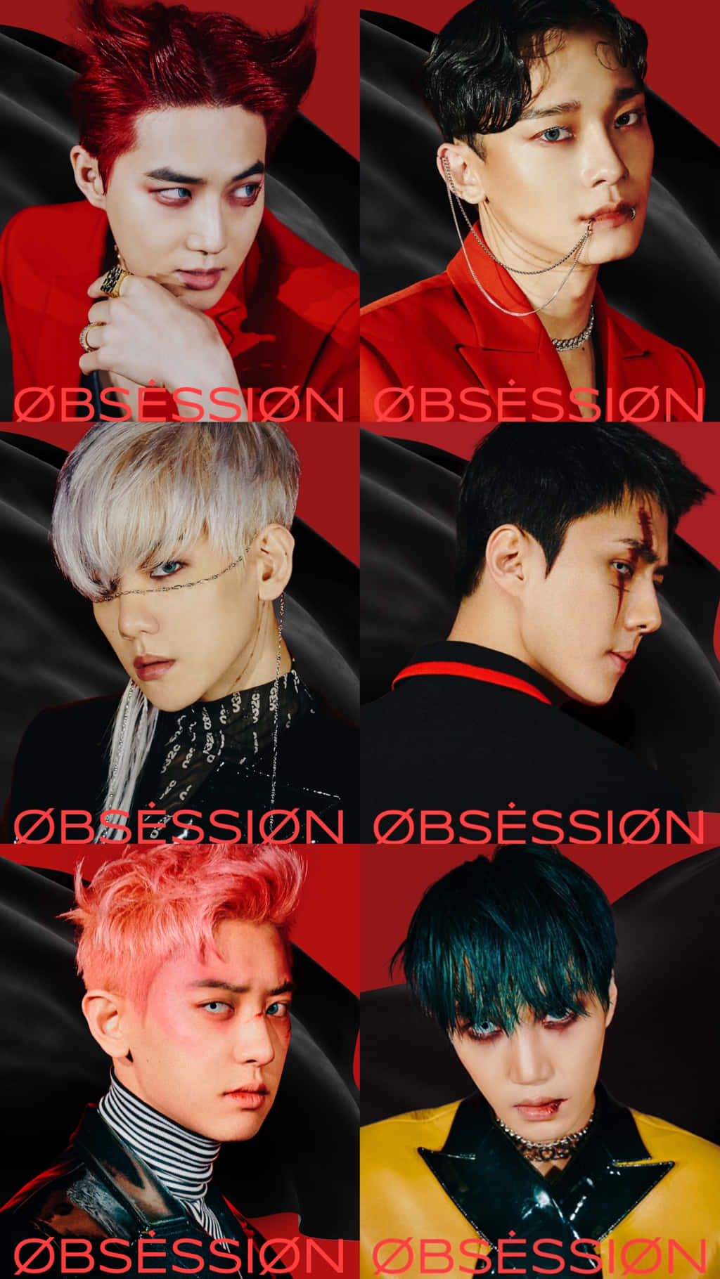 EXO極簡標誌手機壁紙 壁紙 — 六位時尚男士以鮮豔的髮色，在帶有「OBSESSION」文字的戲劇性紅黑背景前擺姿勢。