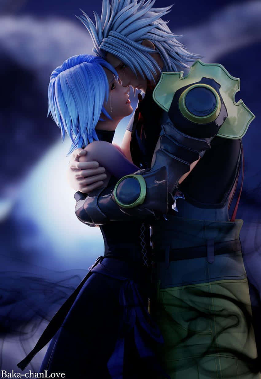 Experience the magic of the Kingdom Hearts series with Aqua 壁紙 — 兩個藍色頭髮的動漫角色在陰鬱的暮色天空下溫柔擁抱，背後有發光的光芒。