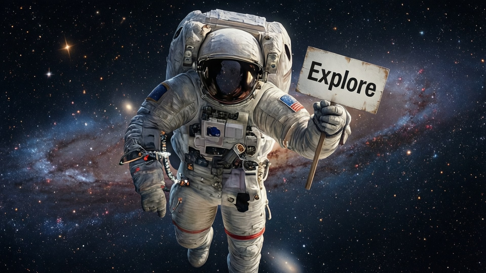 太空人在太空手持寫有 explore 的標語牌，背後有星星和星雲