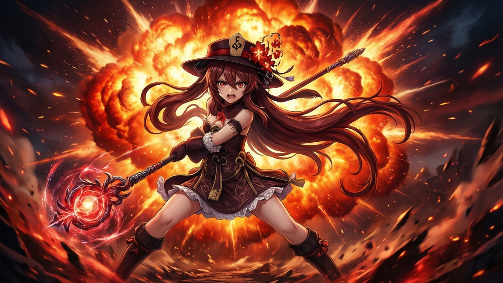 長紅髮的動漫女巫在熾熱爆炸背景下施展火焰魔法。