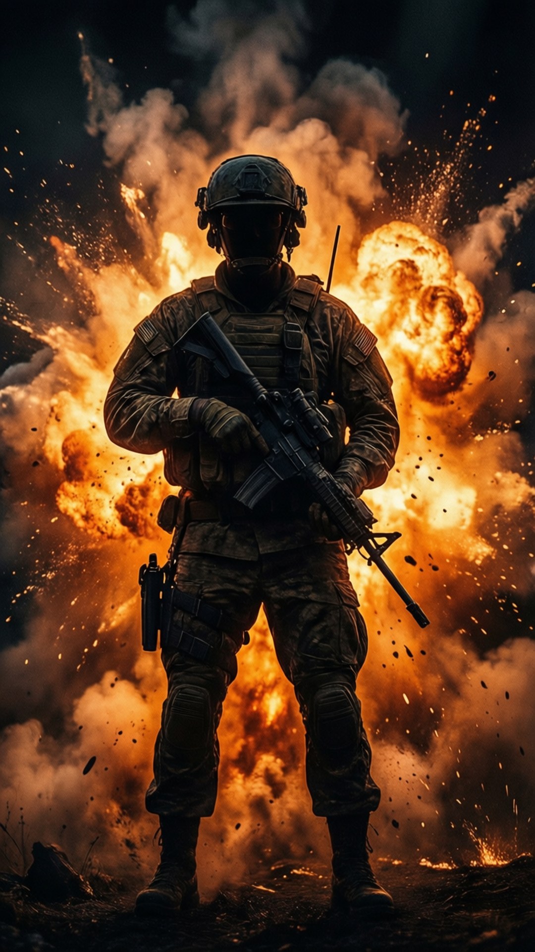 身穿戰鬥裝備的士兵在爆炸和煙霧中持步槍