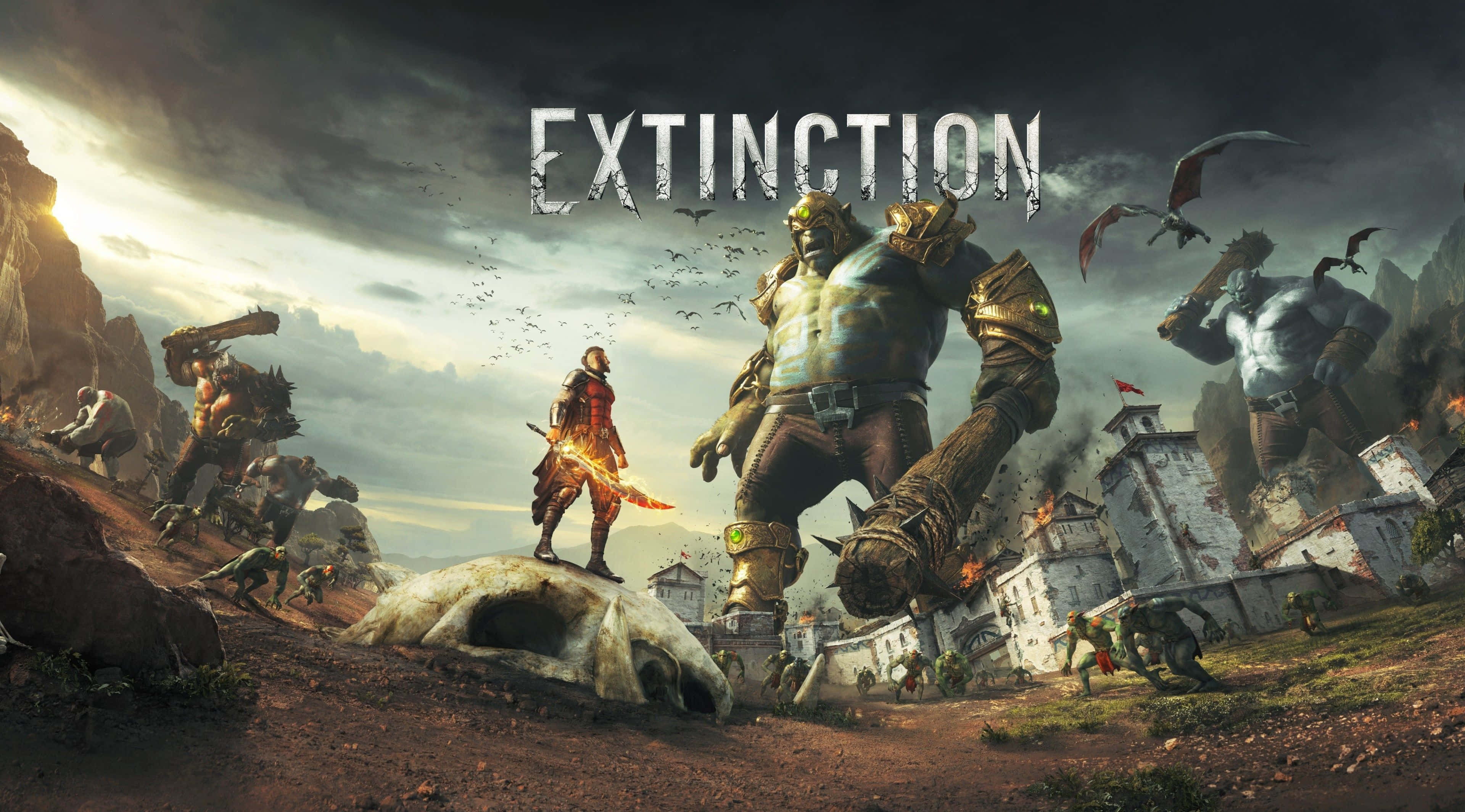 《Extinction》遊戲中的 4K 超高清龍騰畫面 壁紙 — 一名孤獨的戰士挑釁地站在一個巨大的頭骨上，而巨大的怪物在風暴天空下肆虐著一個正在崩塌的村莊。