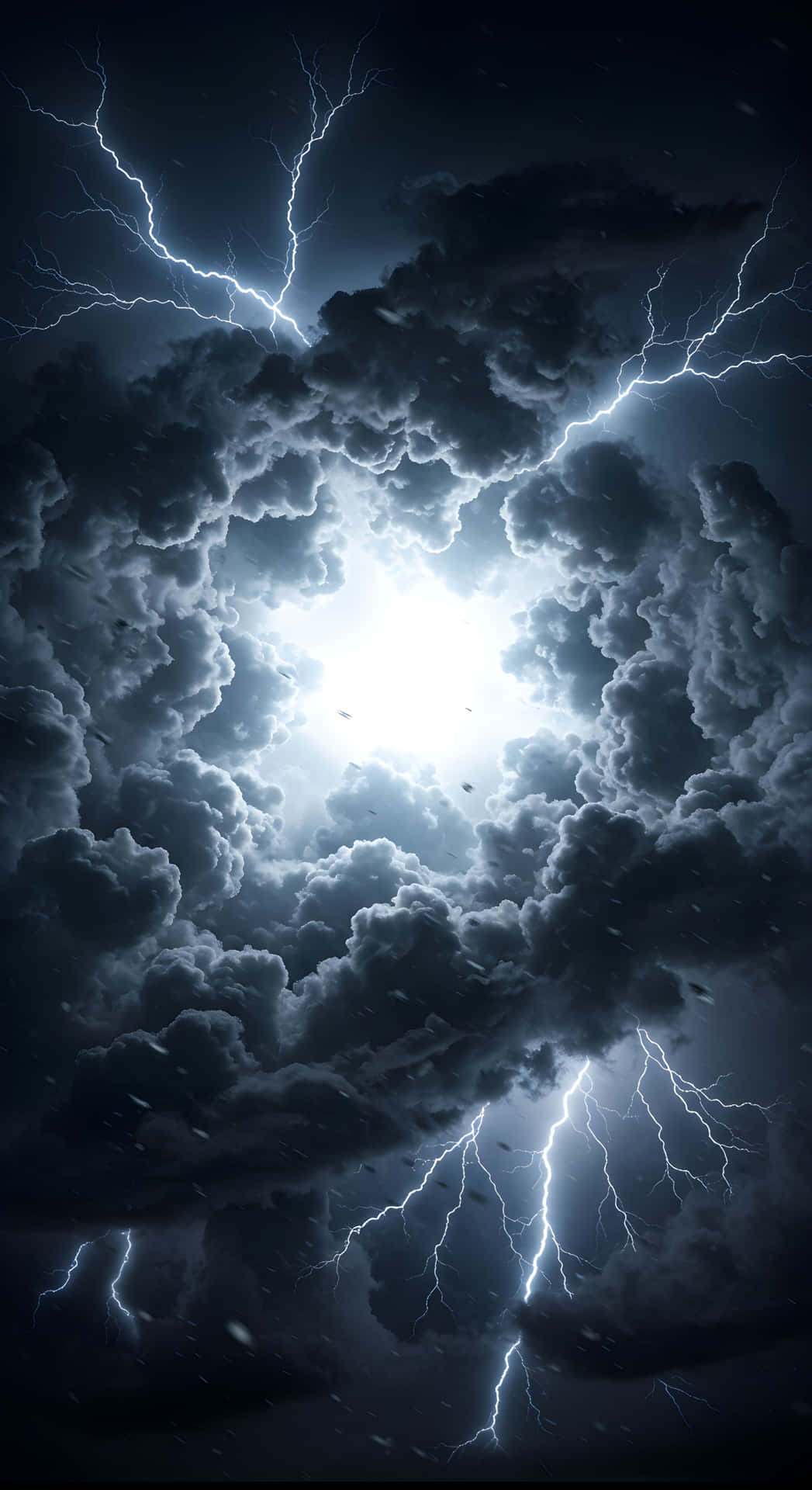 強烈閃電照亮暴風雨天空中密集的烏雲。
