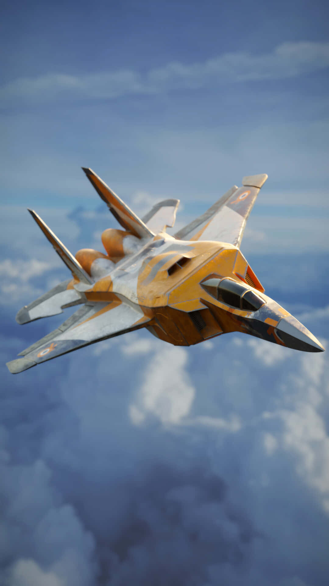 橘白配色F-15鷹式戰機Android巨型飛機背景數位藝術 壁紙 — 一架流線型未來戰機帶有橙色和銀色迷彩，在晴朗藍天中翱翔於蓬鬆白雲之上。