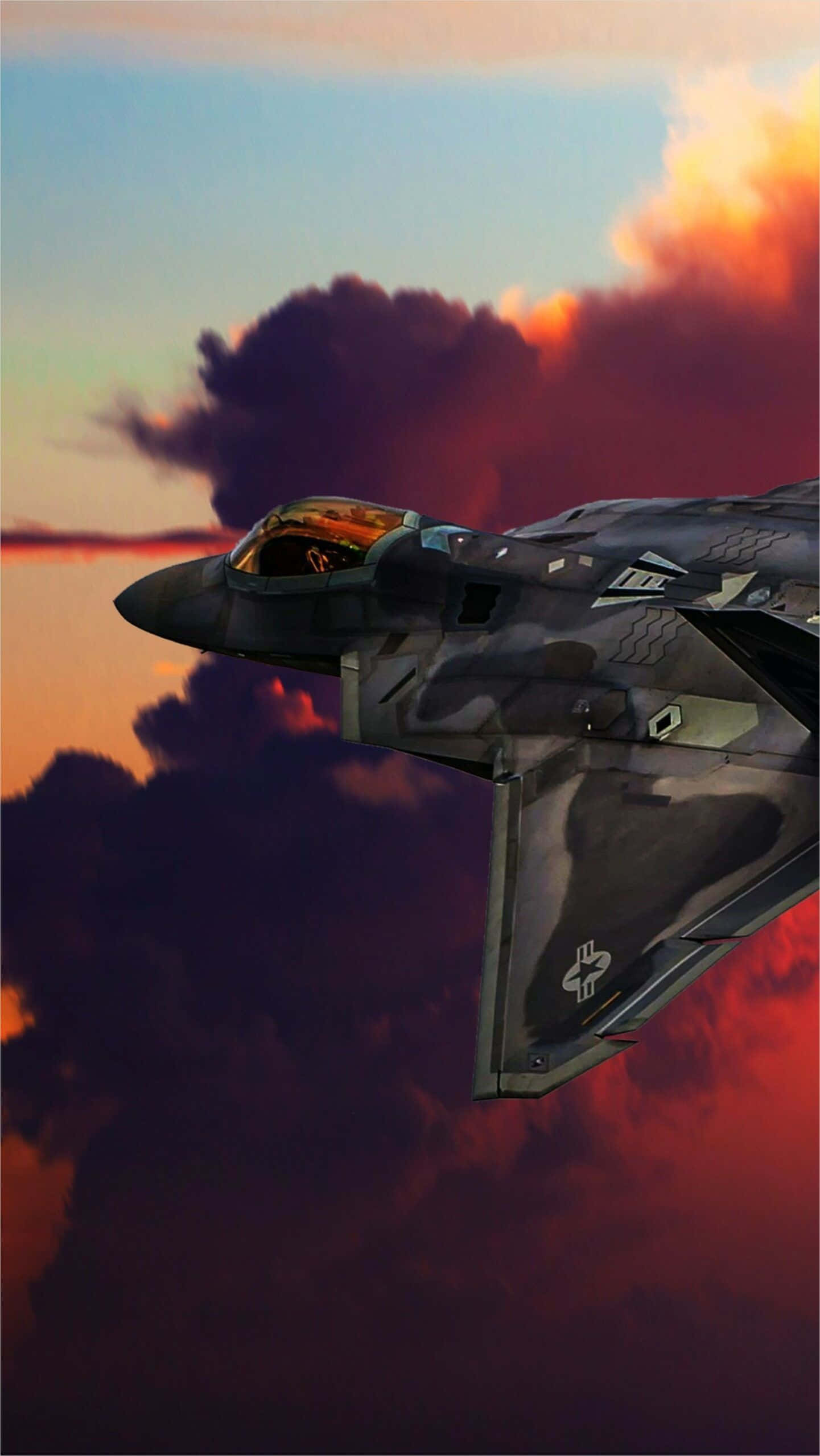 F-22猛禽Android巨型飛機背景插畫 壁紙 — 一架流線型戰鬥機在壯麗的日落天空中翱翔，天空佈滿火橙色和深紫色的雲彩。