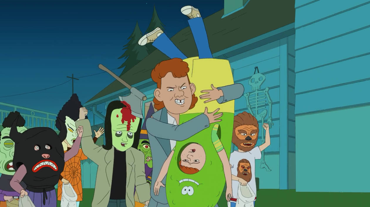 《F Is For Family》萬聖節遊行 壁紙 — 一個卡通家庭穿著萬聖節服裝，夜晚站在屋外，其中有殭屍和狼人。