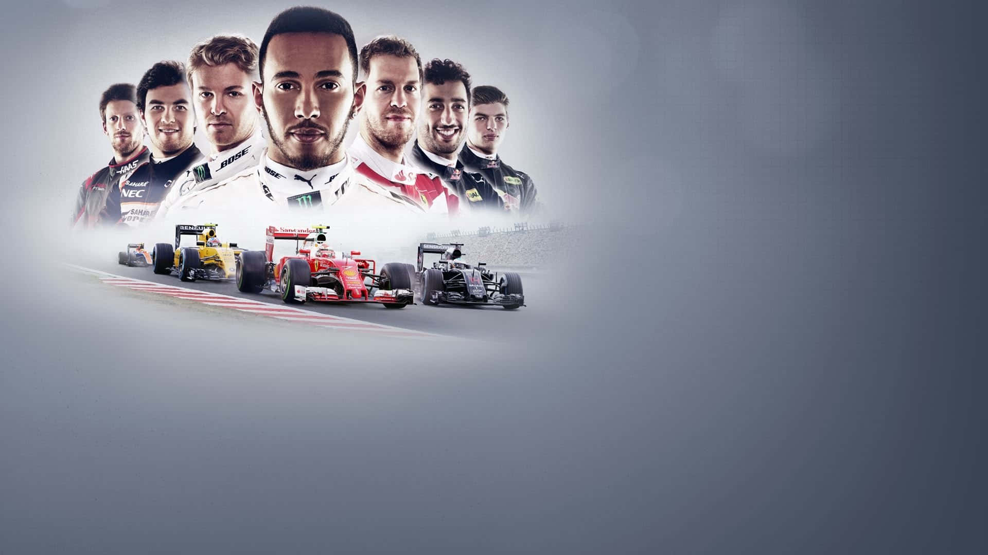 F1 2016 大賽：速度與激情的巔峰 壁紙 — 七位一級方程式賽車手身穿賽車服，在煙霧繚繞的灰色背景襯托下，懸浮在賽道上他們標誌性的賽車上方。