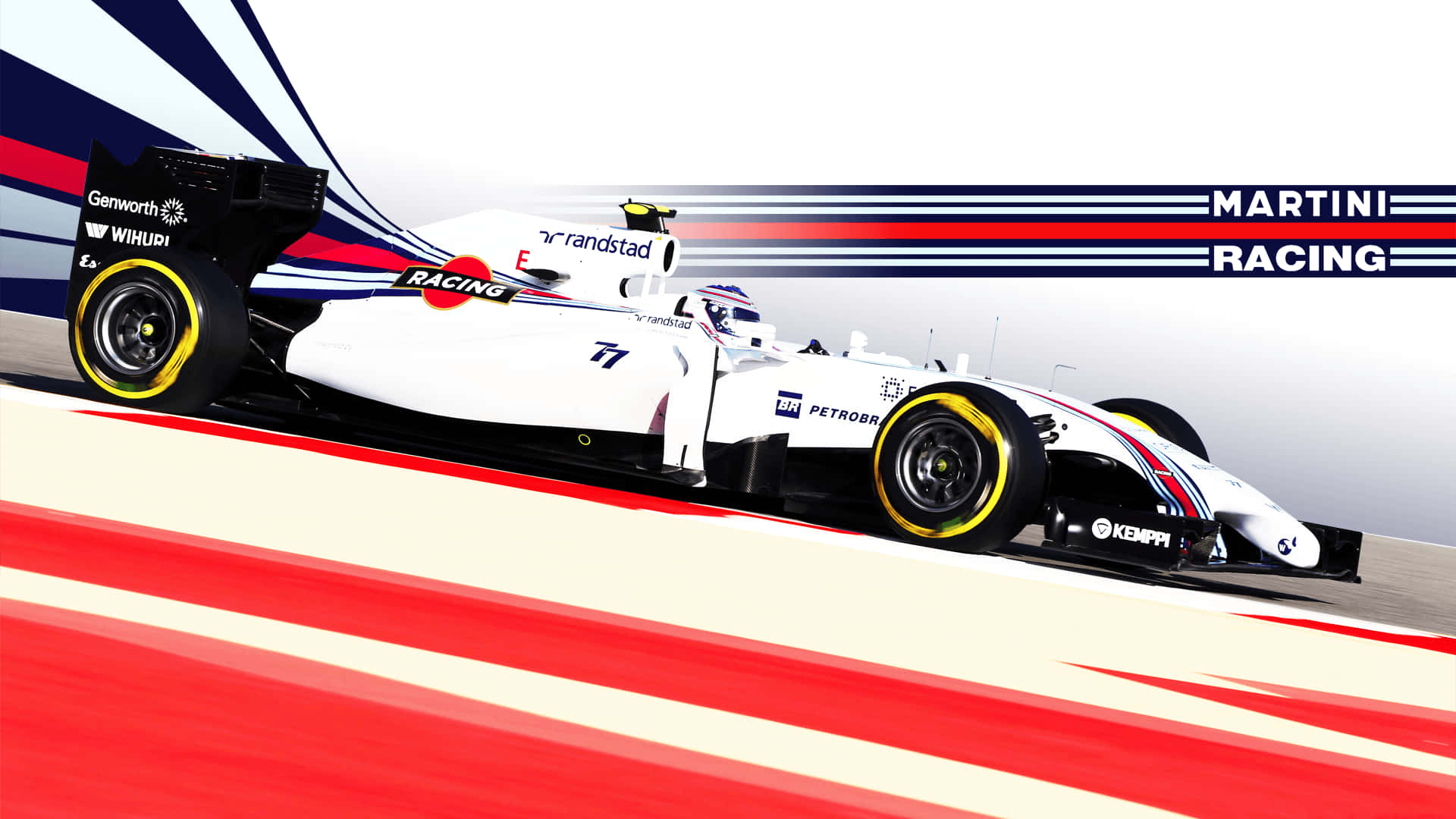 F1 2016 飛馳奪冠 壁紙 — 一輛帶有紅藍條紋的白色馬天尼賽車一級方程式賽車在紅白賽道上疾馳，帶有動態模糊效果。