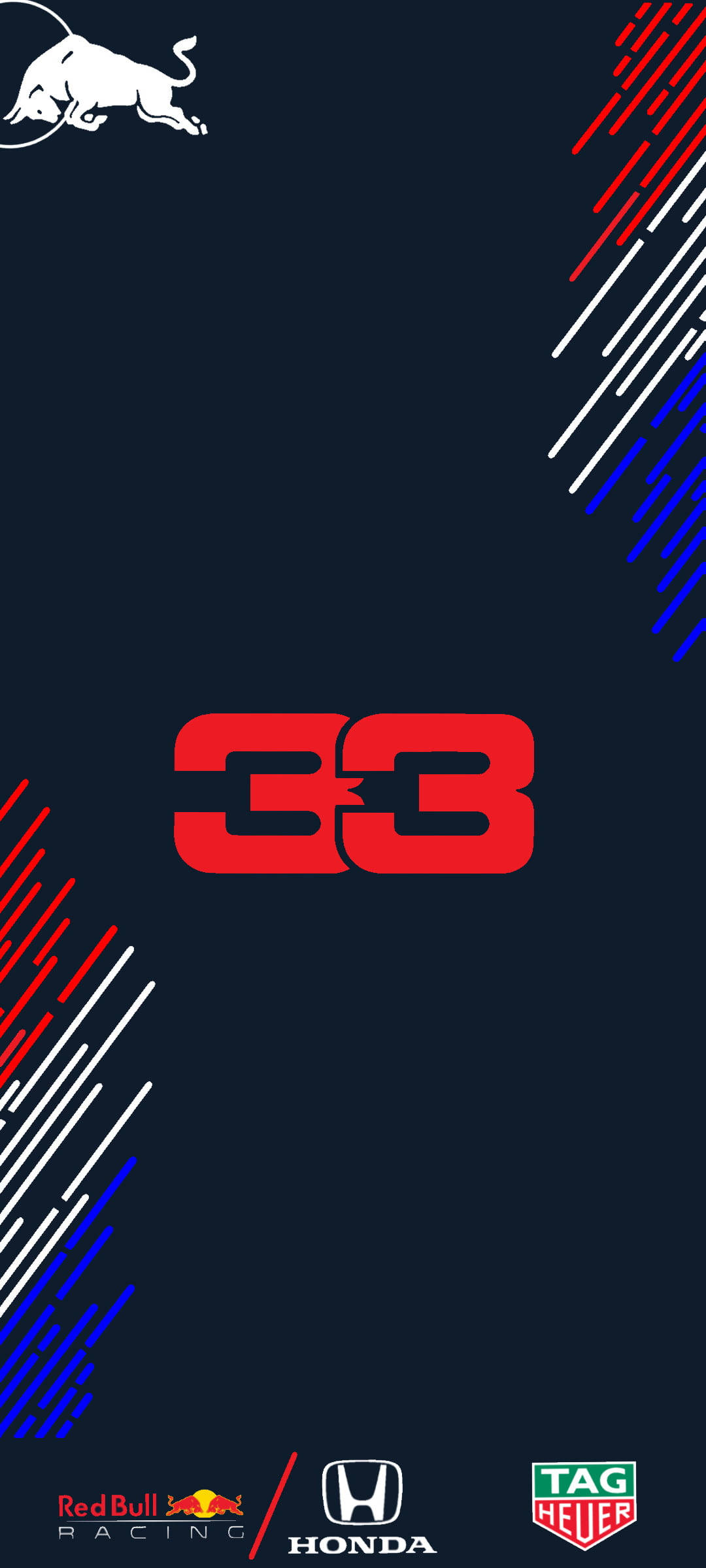 F1 麥克·維斯塔潘 33 號 iPhone 壁紙 — 大膽的紅色數字33居中在深色背景上，帶有動態對角線條紋和賽車隊標誌。
