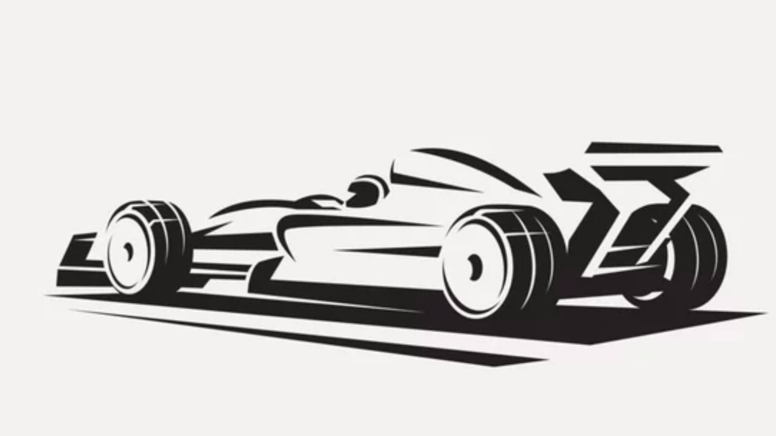 F1 4K Bolide 矢量線稿側視圖 壁紙 — 一輛時尚的黑白風格賽車，帶有運動線條，在極簡背景上疾馳。