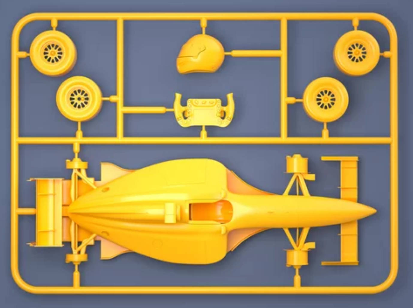 澆道上的黃色一級方程式賽車模型套件零件。