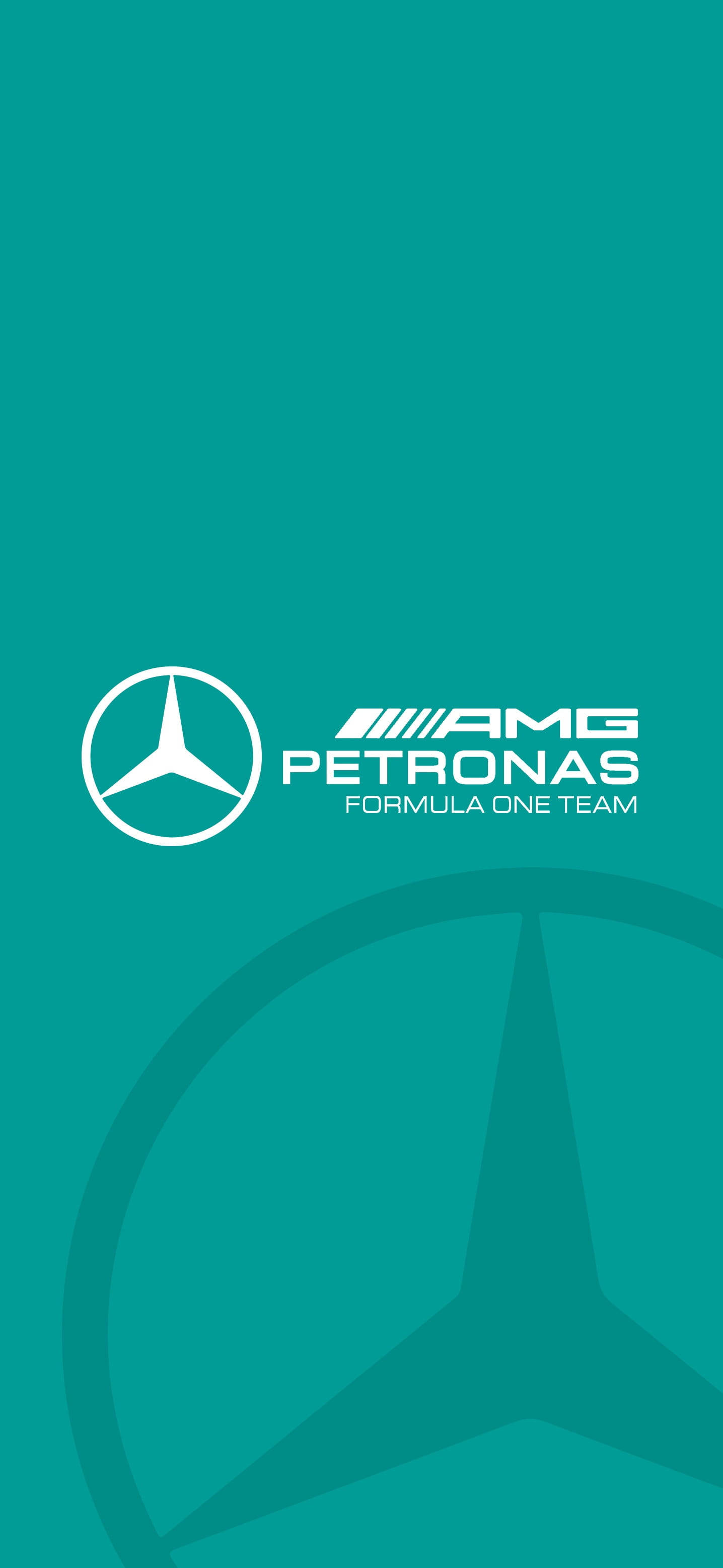 F1 AMG Petronas 青綠標誌 iPhone 壁紙 — 白色 Mercedes AMG Petronas 一級方程式車隊標誌，置於純青色背景上，帶有微妙的星爆陰影。