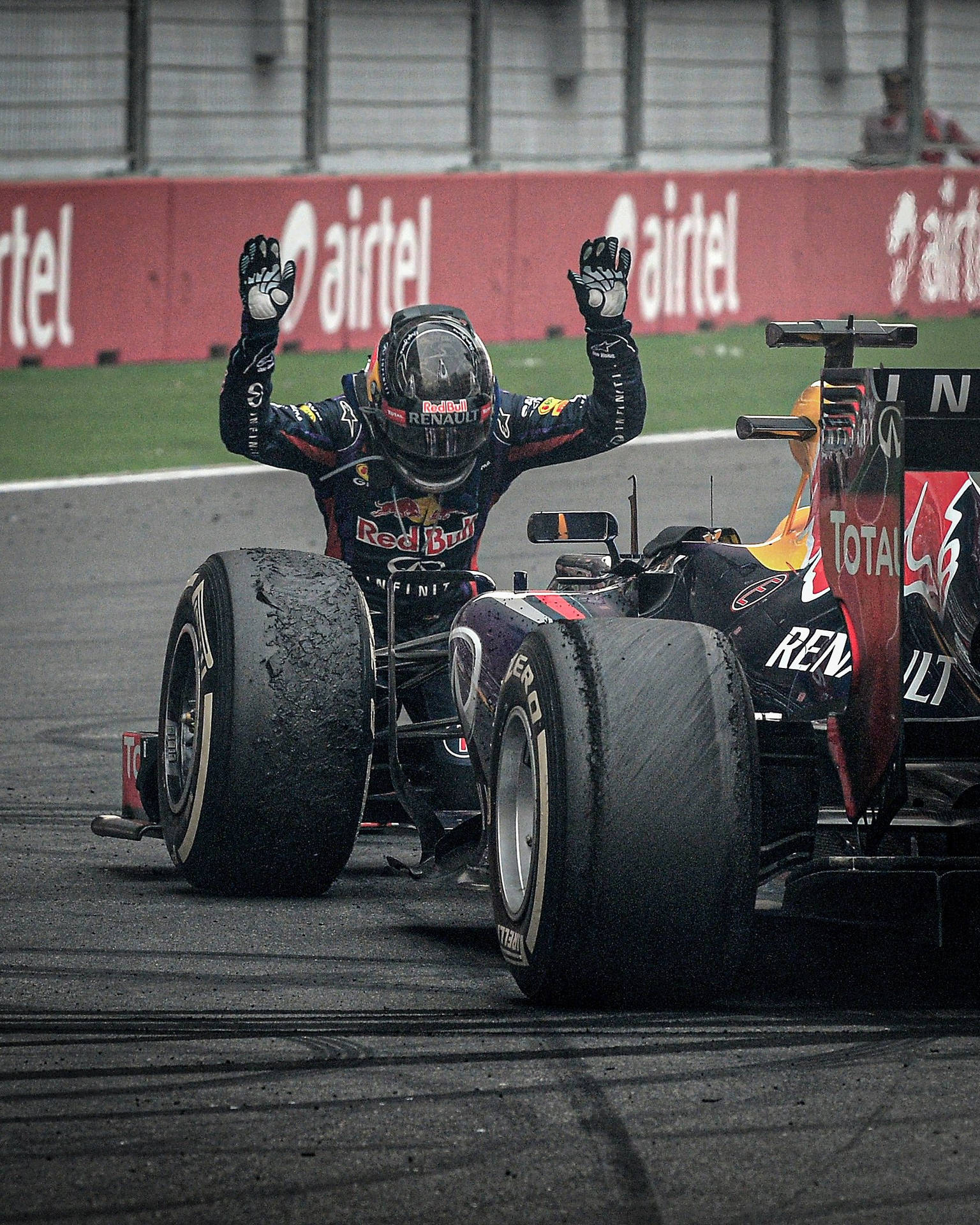 F1車手在賽車旁慶祝勝利