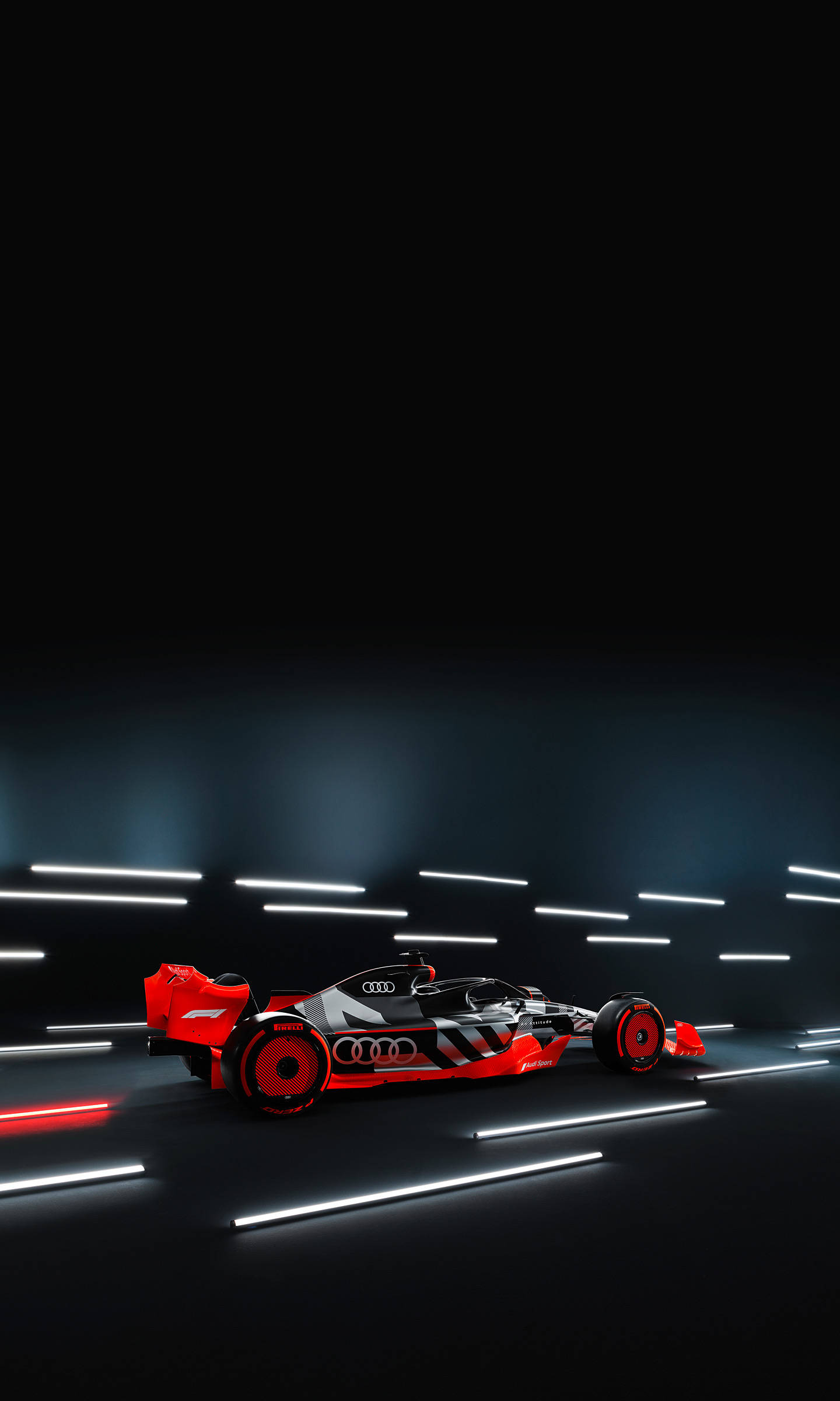 F1 奧迪 F1 概念車 iPhone 壁紙 — 一輛時尚的紅黑色奧迪賽車在黑暗的隧道中滑行，隧道由發光的白色和紅色霓虹燈線照亮。
