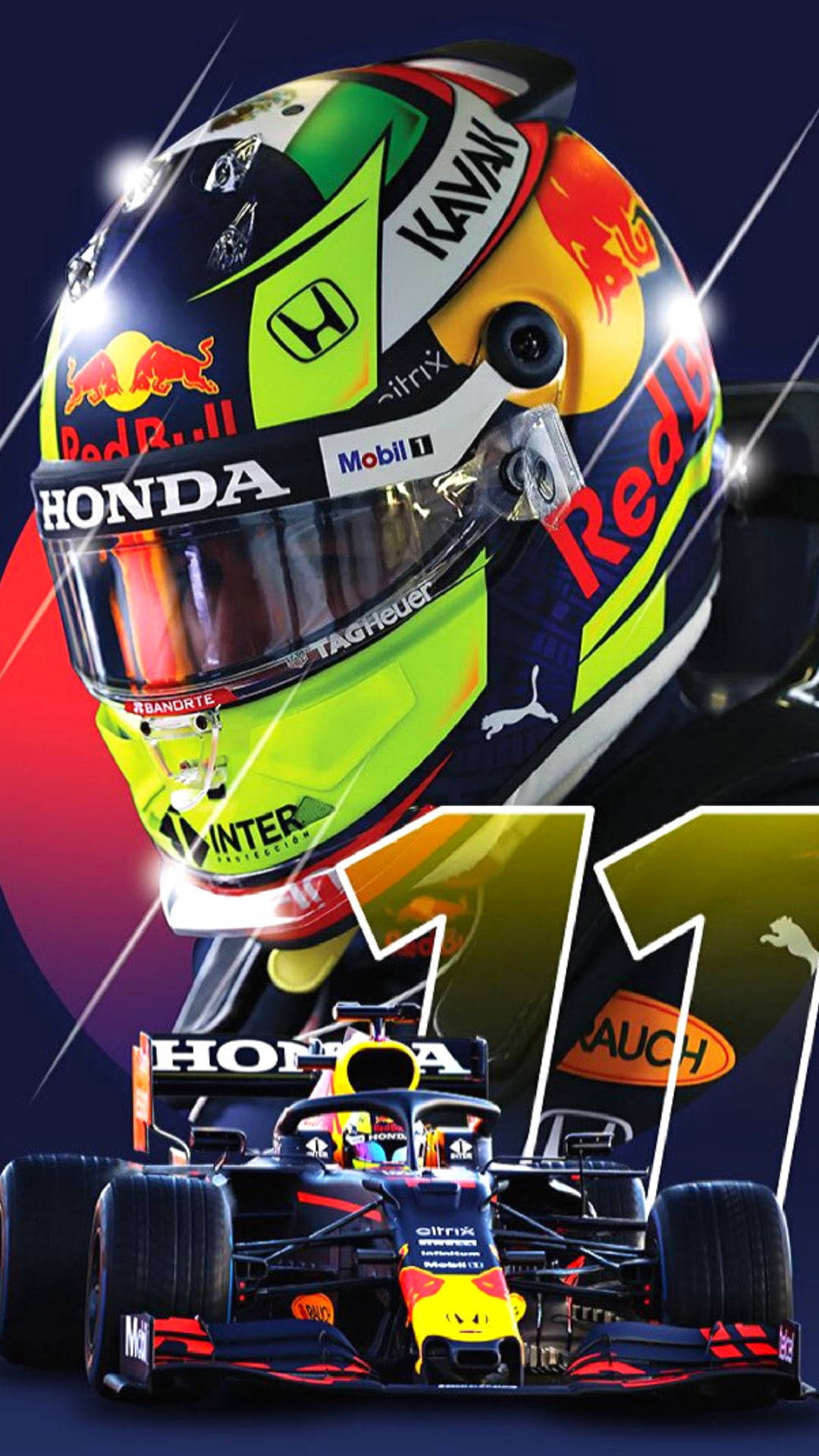 F1 塞爾吉奧·佩雷茲頭盔與賽車 iPhone 壁紙 — Red Bull Racing 一級方程式賽車車手頭盔的特寫，帶有贊助商標誌和下方的11號賽車，背景為深色帶有光條。