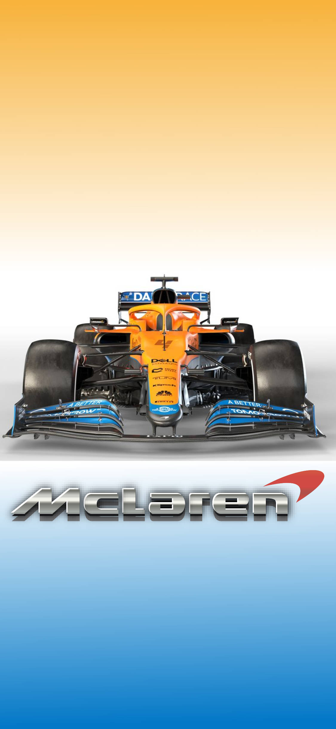 丹尼爾·里卡多駕駛他的麥拉倫F1賽車 壁紙 — 一輛時尚的橙色和藍色麥拿侖F1賽車，居中於漸變天空背景，下方有麥拿侖標誌。