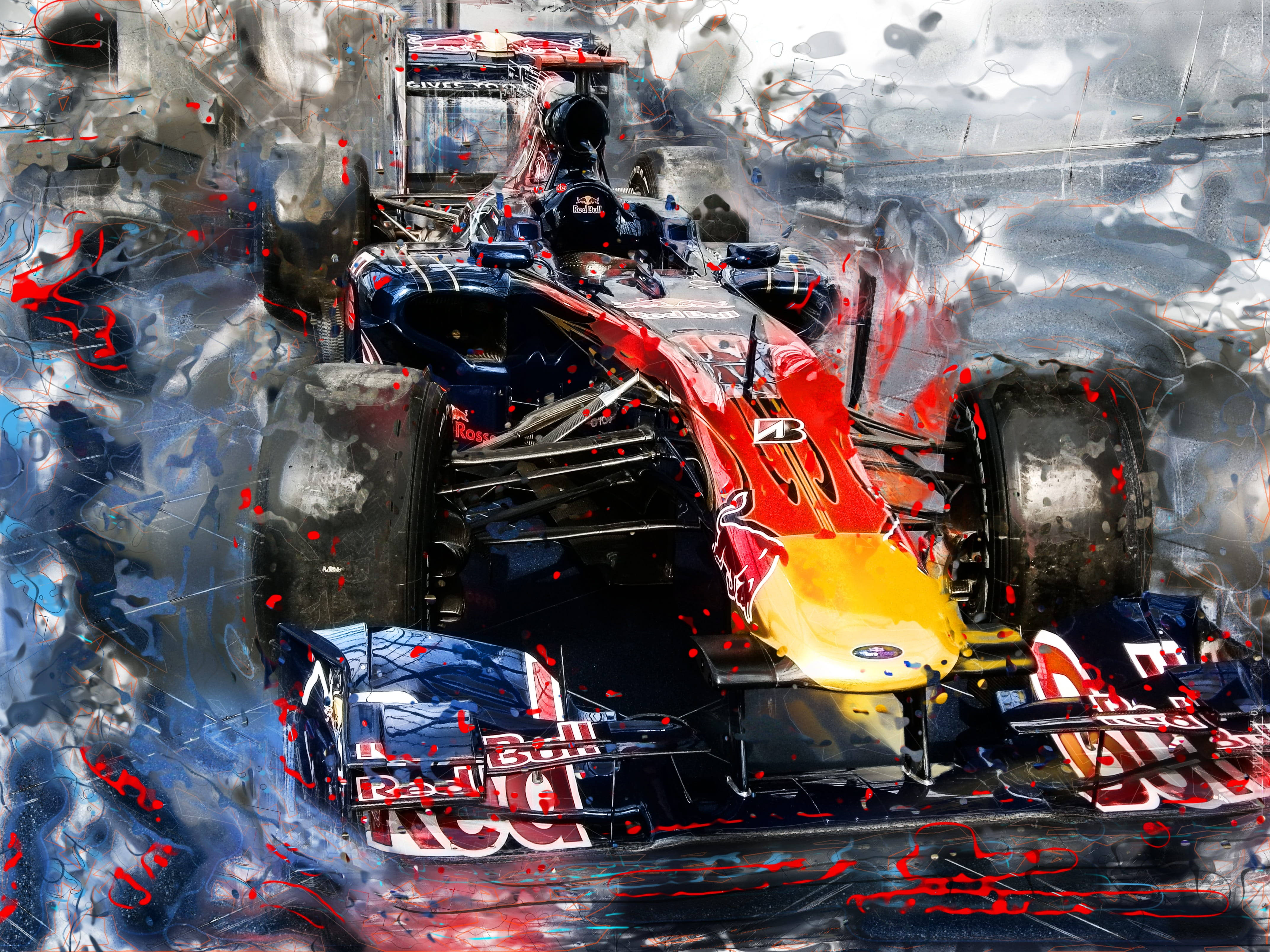 F1 紅牛賽車數位藝術畫 壁紙 — 一輛紅牛一級方程式賽車在風雨交加的賽道上疾馳，飛濺的顏料和動態模糊傳達出原始力量。