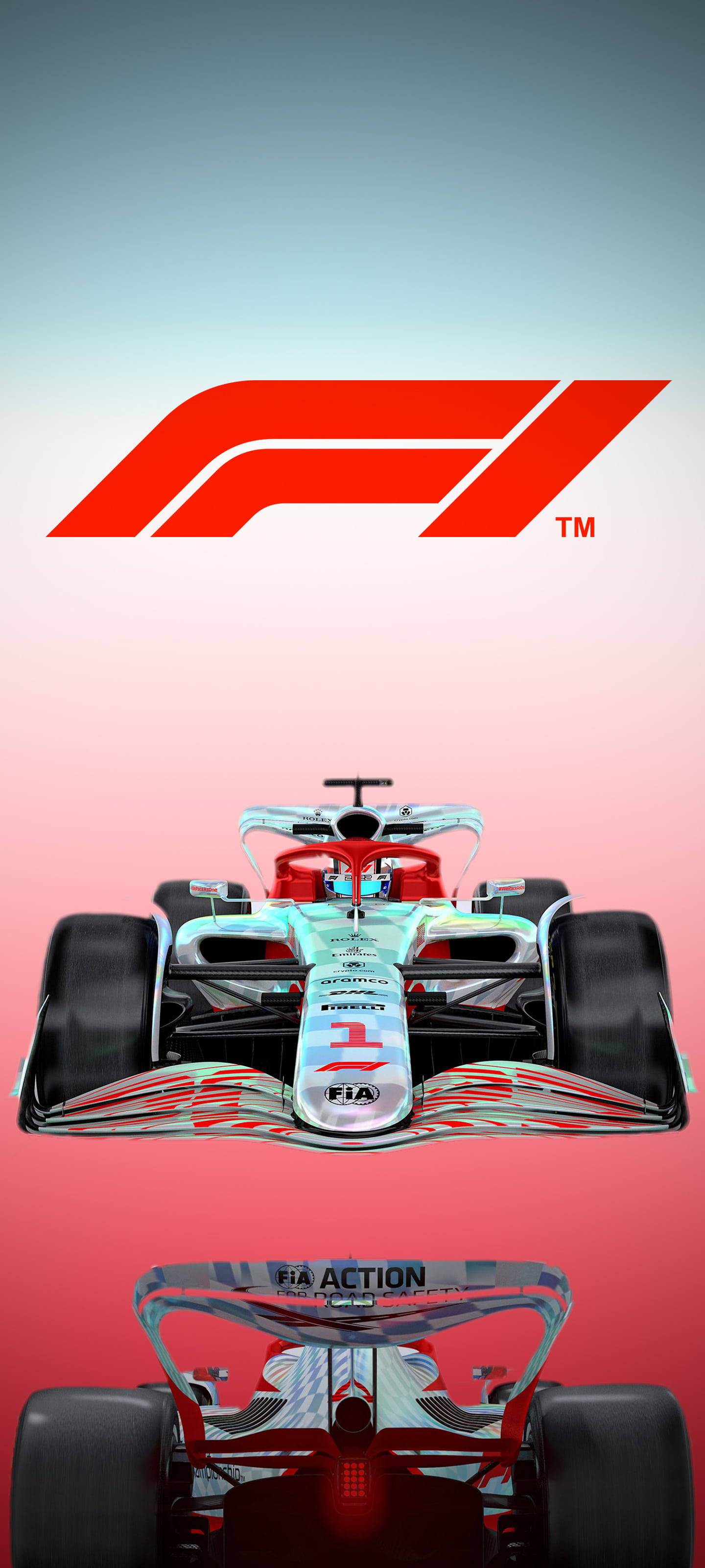 F1 賽車標誌漸層背景 iPhone 壁紙 — 一輛流線型一級方程式賽車，帶有紅色和銀色點綴，從前後方展示，背景為粉紅到藍色漸變的天空，上方有紅色F1標誌。