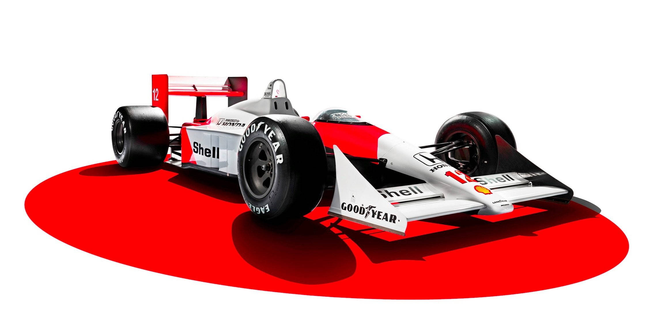 F1 麥拉倫-本田 壁紙 — 一架帶有Shell和Goodyear品牌的時尚紅白復古一級方程式賽車，放置在一個大膽的紅色圓形平台上，背景為純白色。