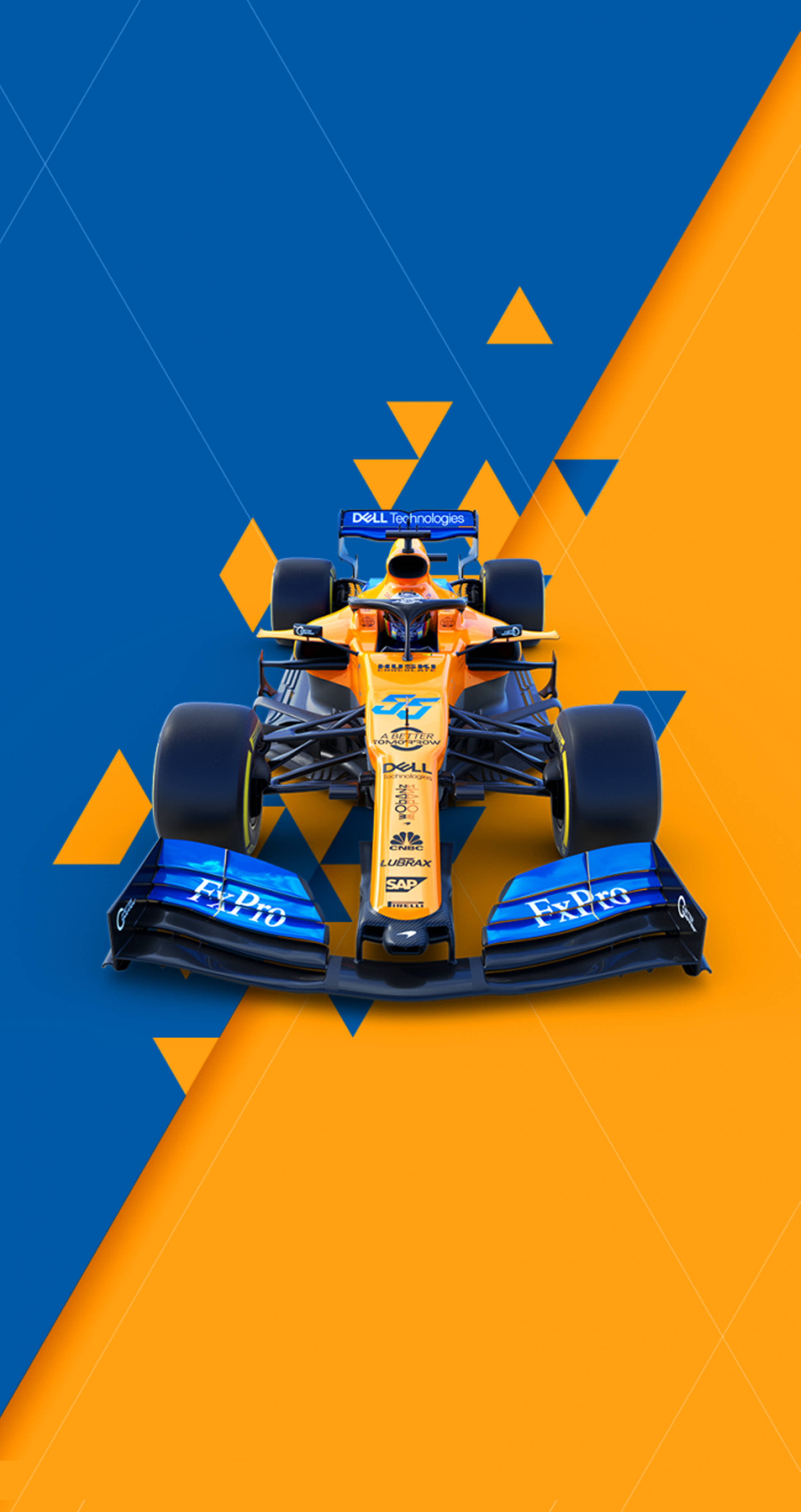 F1手機麥拉倫MCL 34 2019款 壁紙 — 一輛帶有贊助商標誌的充滿活力的橙色和藍色一級方程式賽車在由三角形組成的醒目幾何背景前疾馳。
