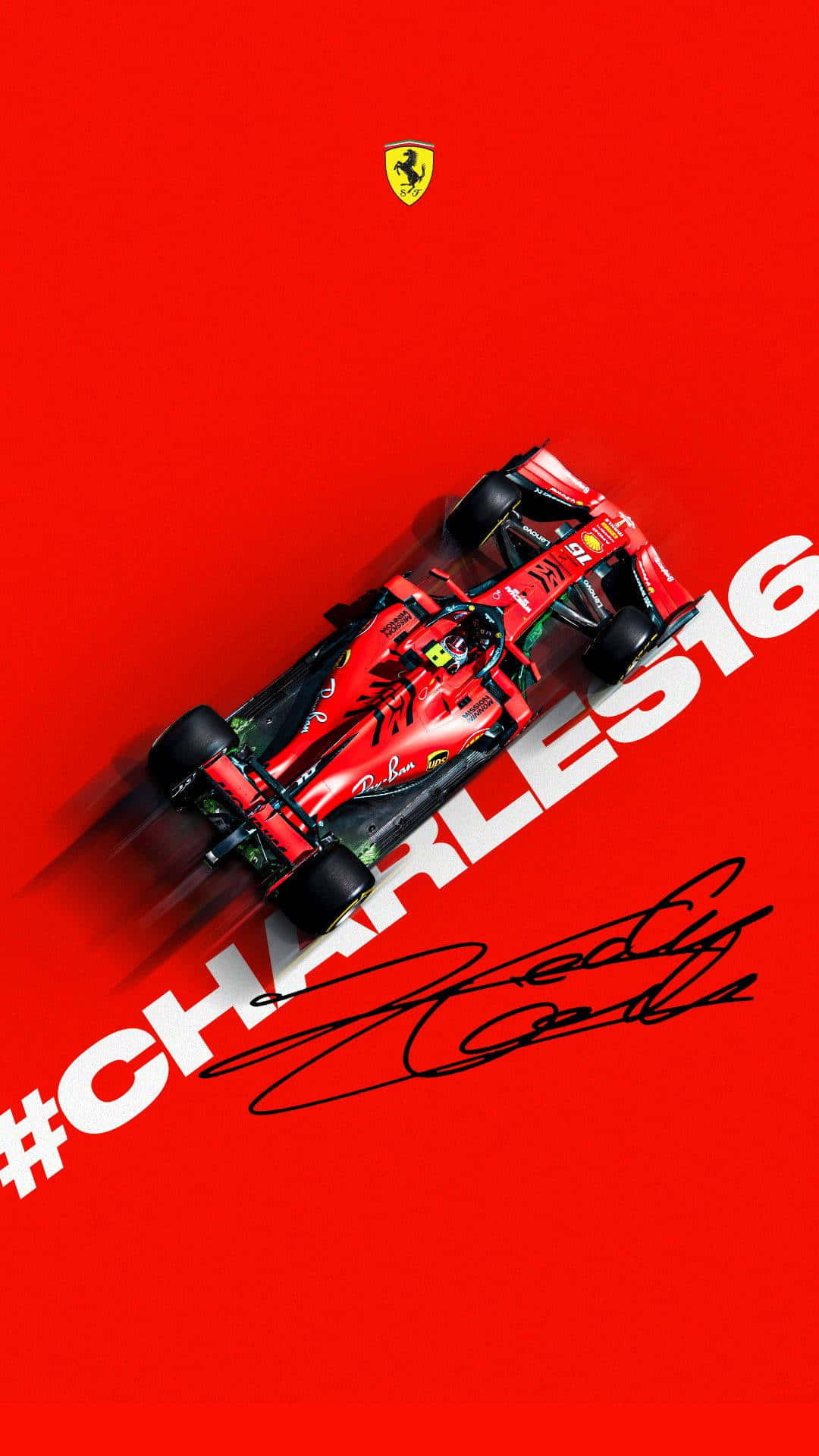 紅色法拉利F1賽車，帶有 '#CHARLES16' 和簽名，背景為紅色。