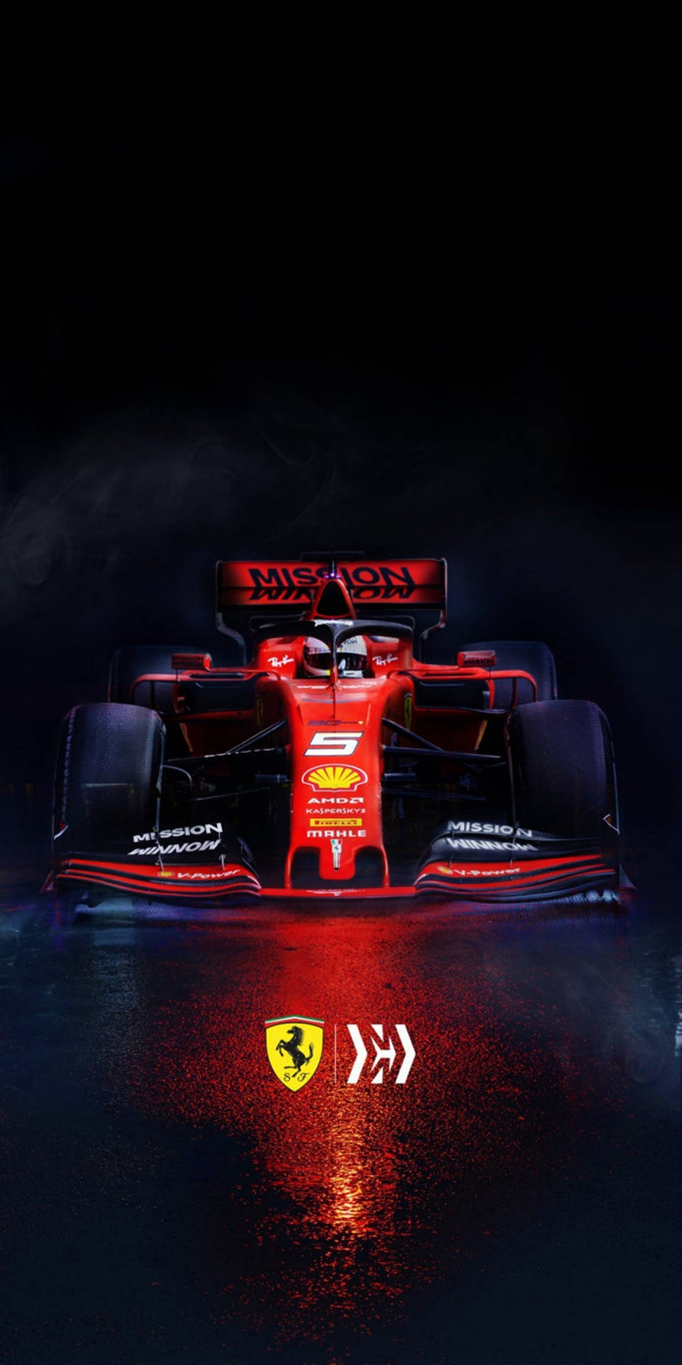 潮濕賽道上的紅色法拉利F1賽車，閃耀的燈光和煙霧