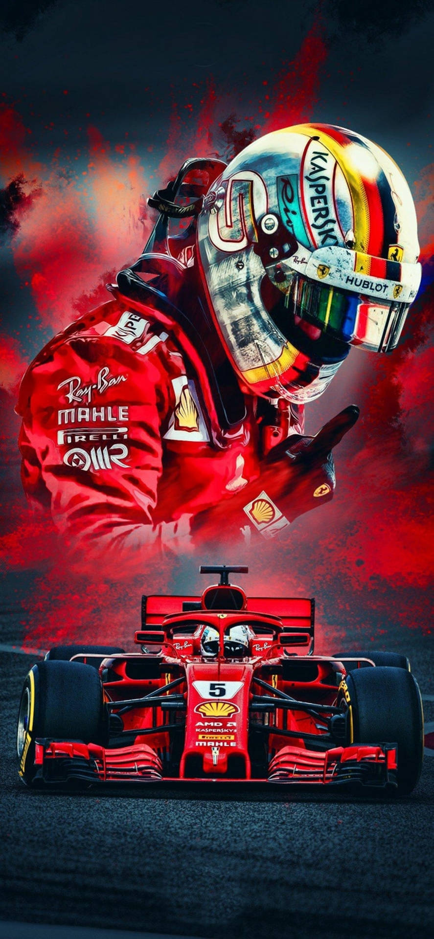 身穿紅色裝備的F1車手指向他紅色賽車的上方。 — 賽車 壁紙