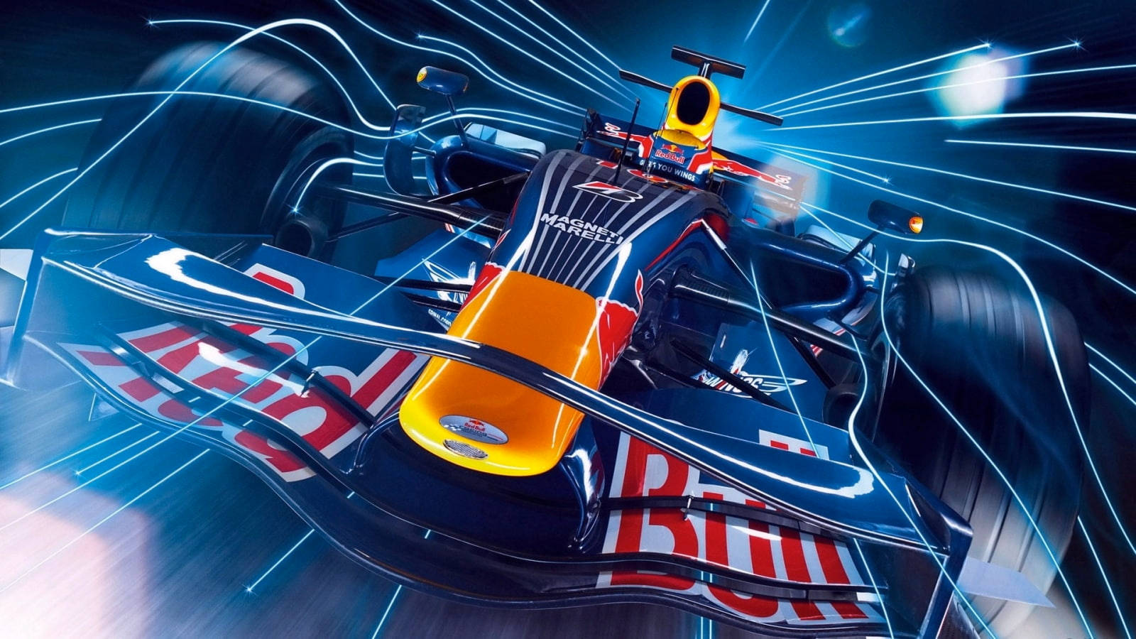 F1賽車圖像藝術 壁紙 — 一輛紅牛一級方程式賽車穿過霓虹燈隧道，帶有發光的藍色條紋和動態模糊。