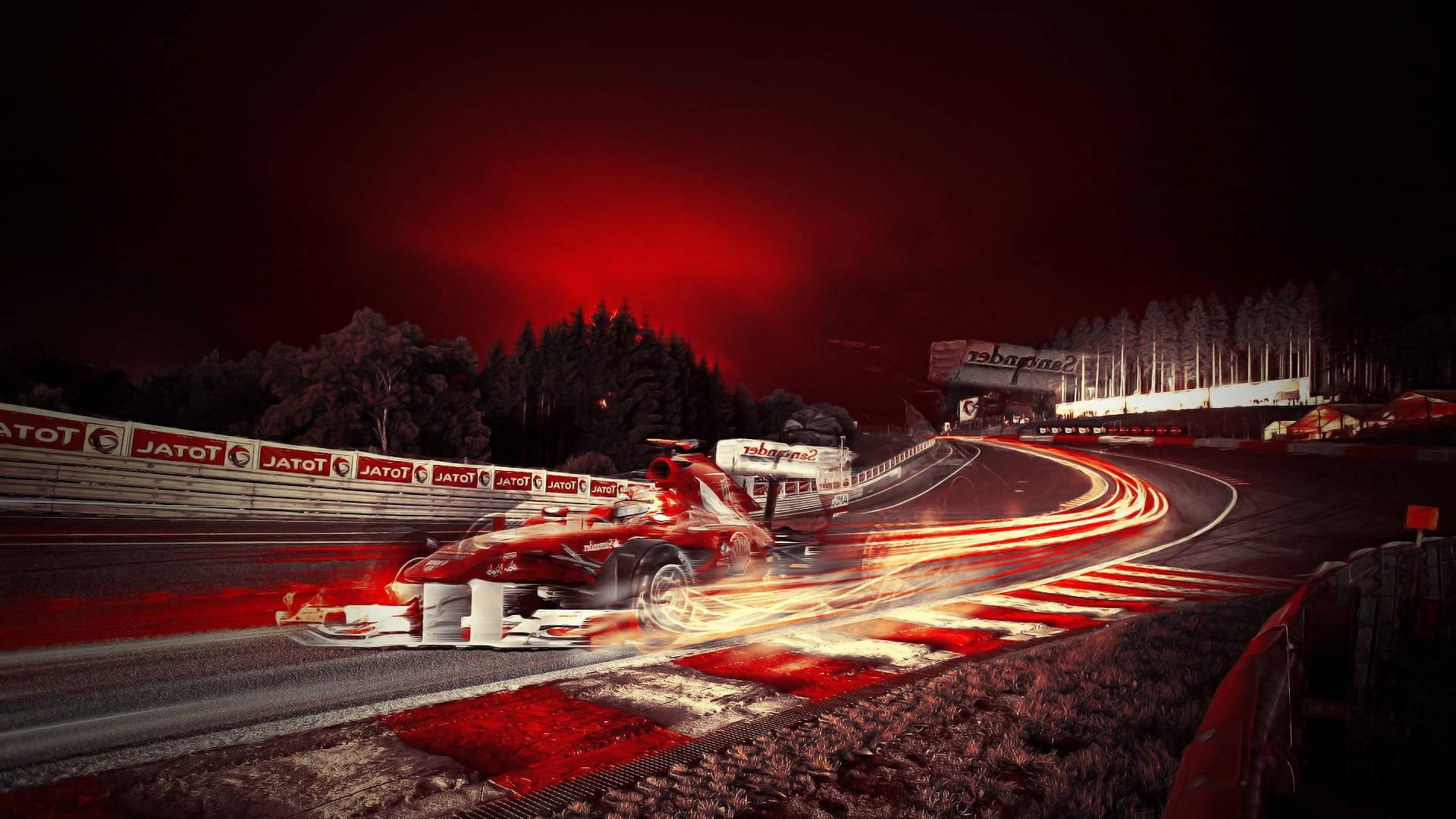F1賽道競速 壁紙 — 一輛紅色賽車在夜間賽道上模糊地駛過，頭頂是發光的紅色天空，身後拖曳著光跡。