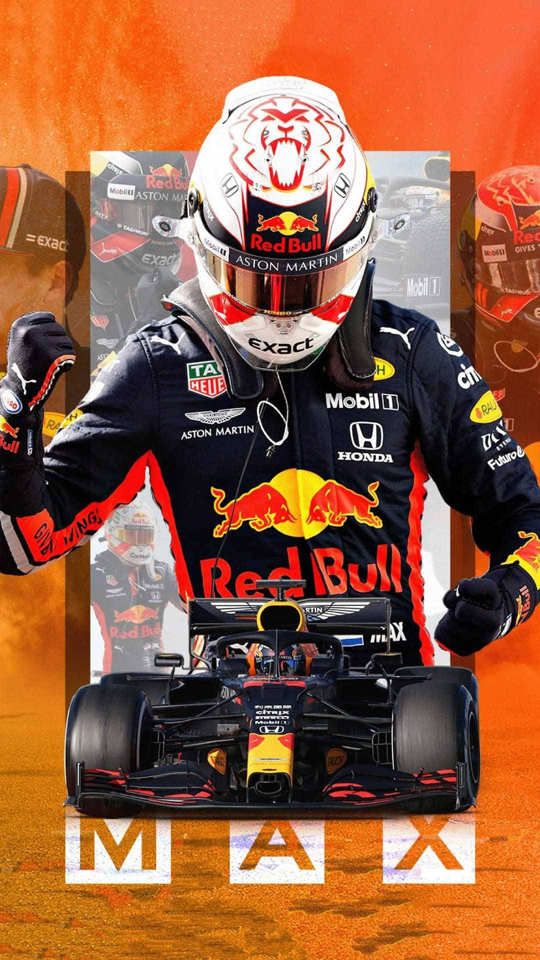 Verstappen 桌布 壁紙 — F1車手麥斯·韋斯塔本身穿紅牛賽車裝備和頭盔，在火橙色背景前威風凜凜地站在他的賽車後面。
