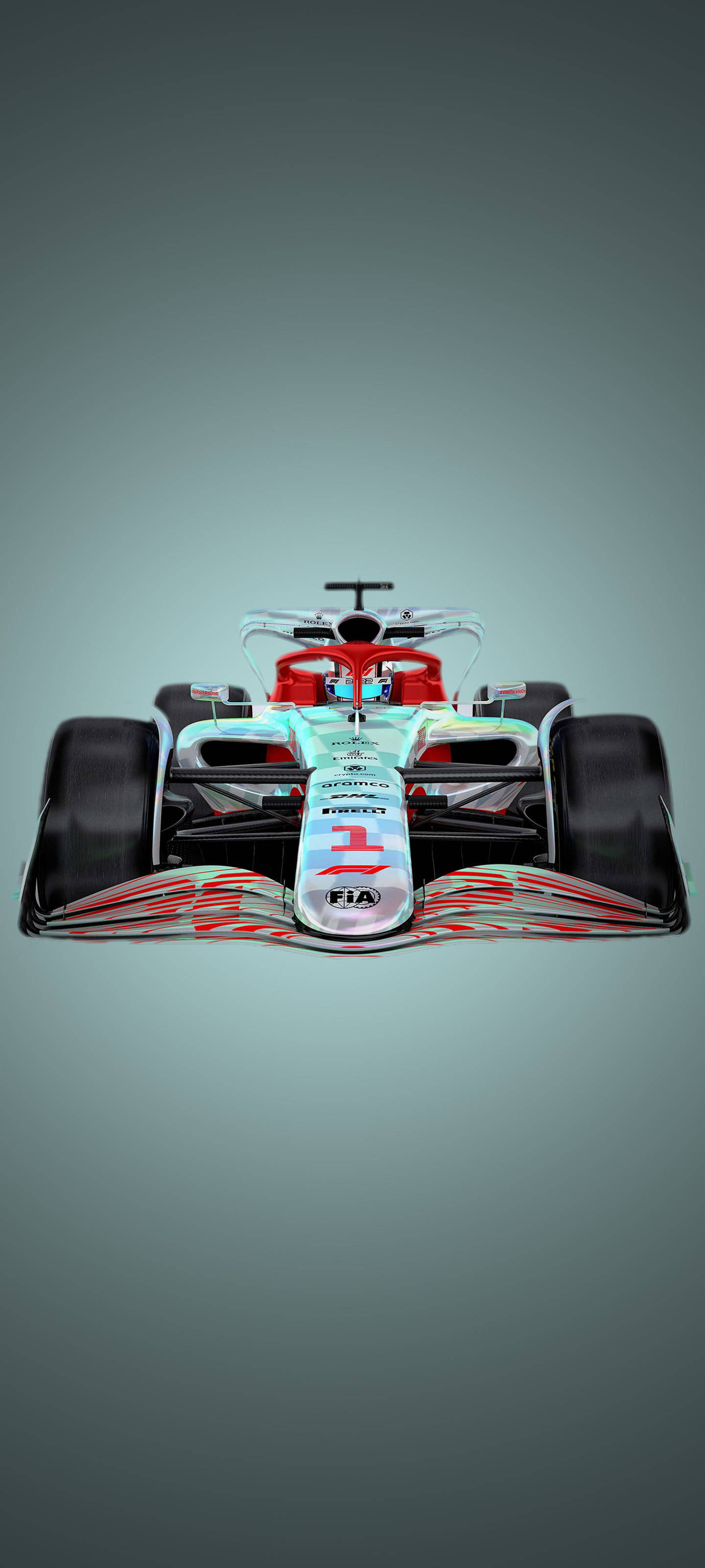 F1銀箭2022極速風采 壁紙 — 一輛時尚的一級方程式賽車，帶有數字一和紅色點綴，正面觀看，背景為灰色漸變。
