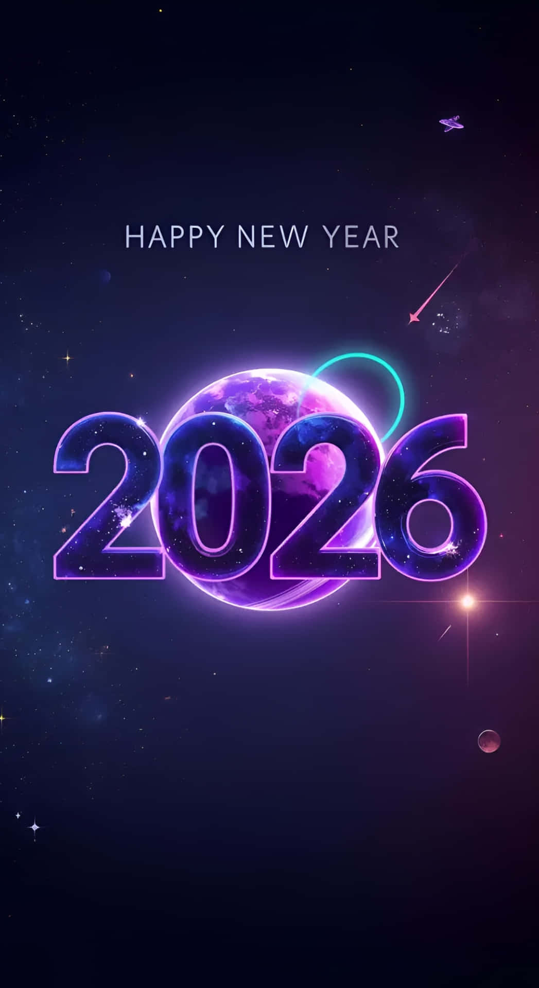  壁紙 — 發光的紫色2026文字環繞著一顆宇宙行星，背景是繁星點點的夜空，有流星和「HAPPY NEW YEAR」文字。