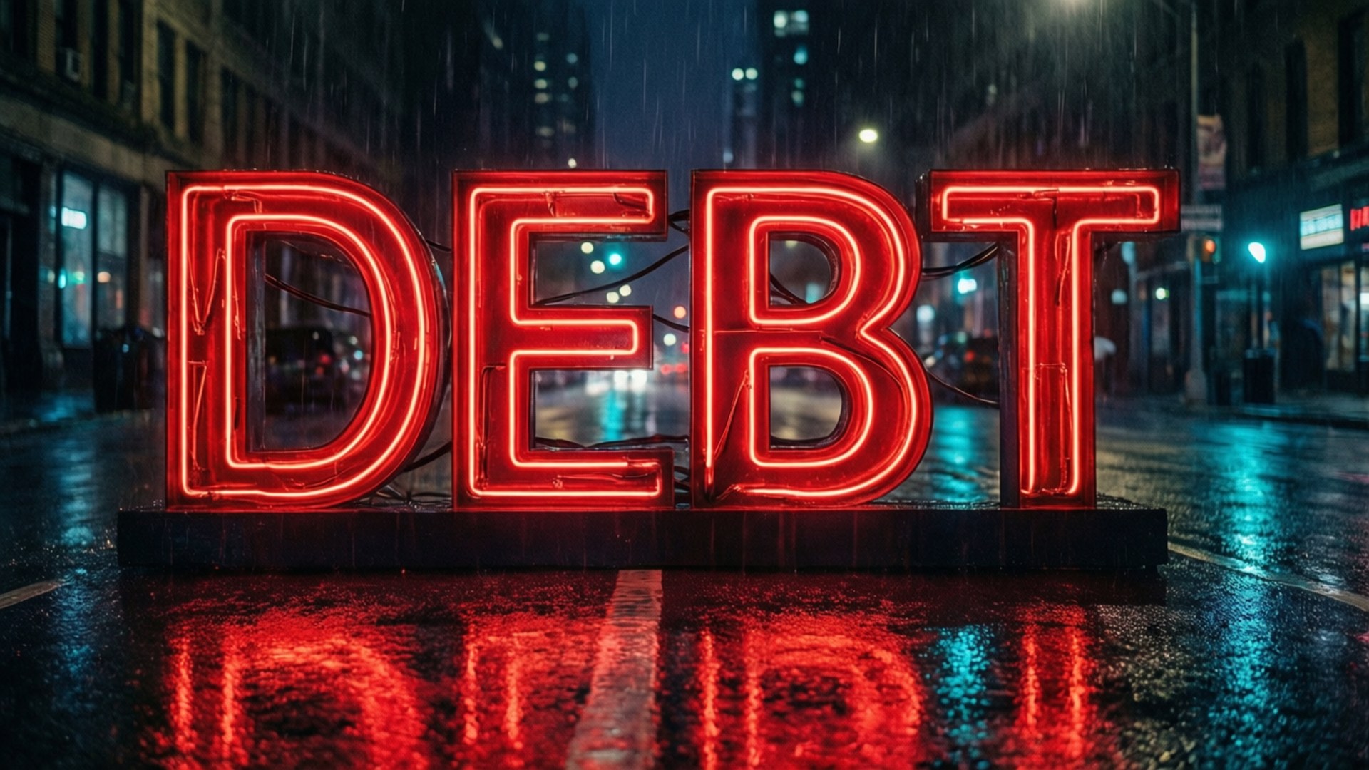 夜間濕漉漉的街道上寫有debt的紅色霓虹燈牌及倒影。