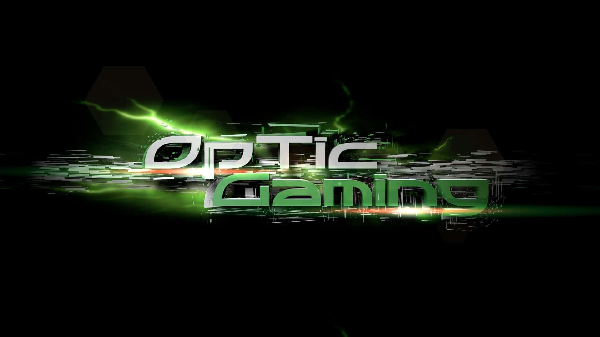 Optic Gaming 桌布 壁紙 — 發光綠色未來風格文字顯示optic gaming，背景為深色並帶有數位故障效果。