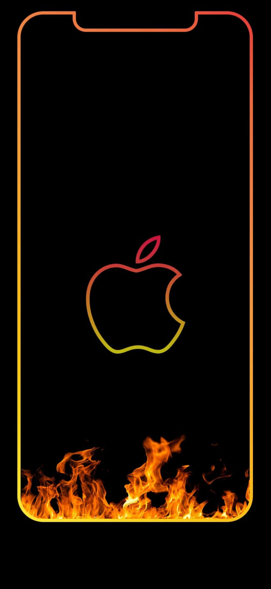 Outline 桌布 壁紙 — 智能手機屏幕顯示一個發光的Apple標誌，以火熱的橙色和黃色勾勒，背景為黑色，底部邊緣有火焰舔舐。