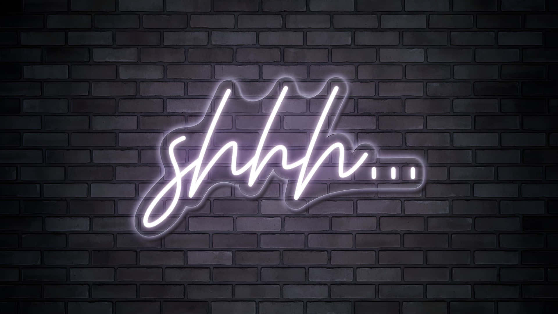  壁紙 — 一個發光的白色霓虹燈牌，拼出「shhh...」，帶有紫色光芒，背景是深色磚牆。
