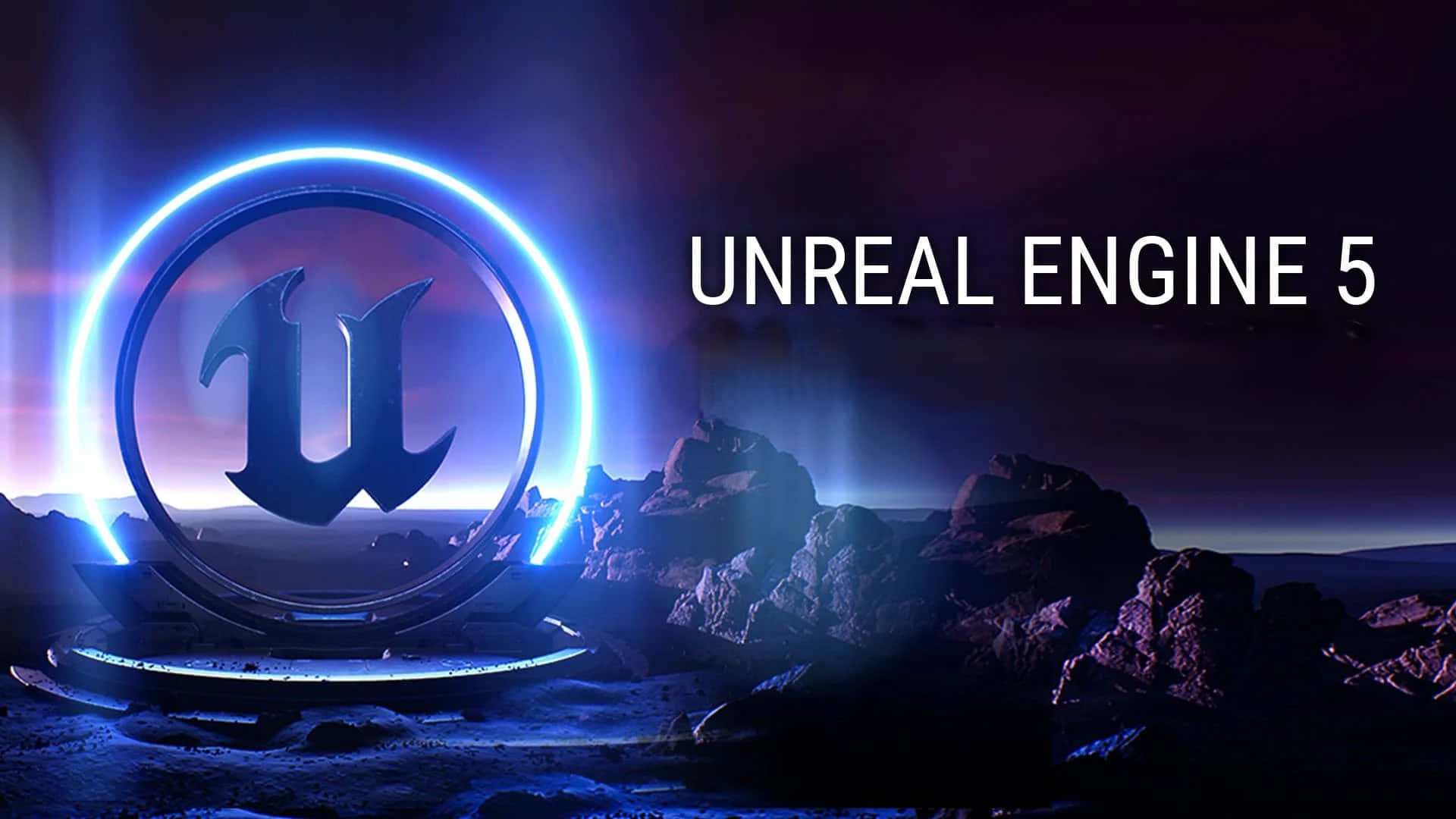  壁紙 — 發光的藍色 Unreal Engine 5 標誌懸浮在岩石外星景觀上空，背景是暮色天空。